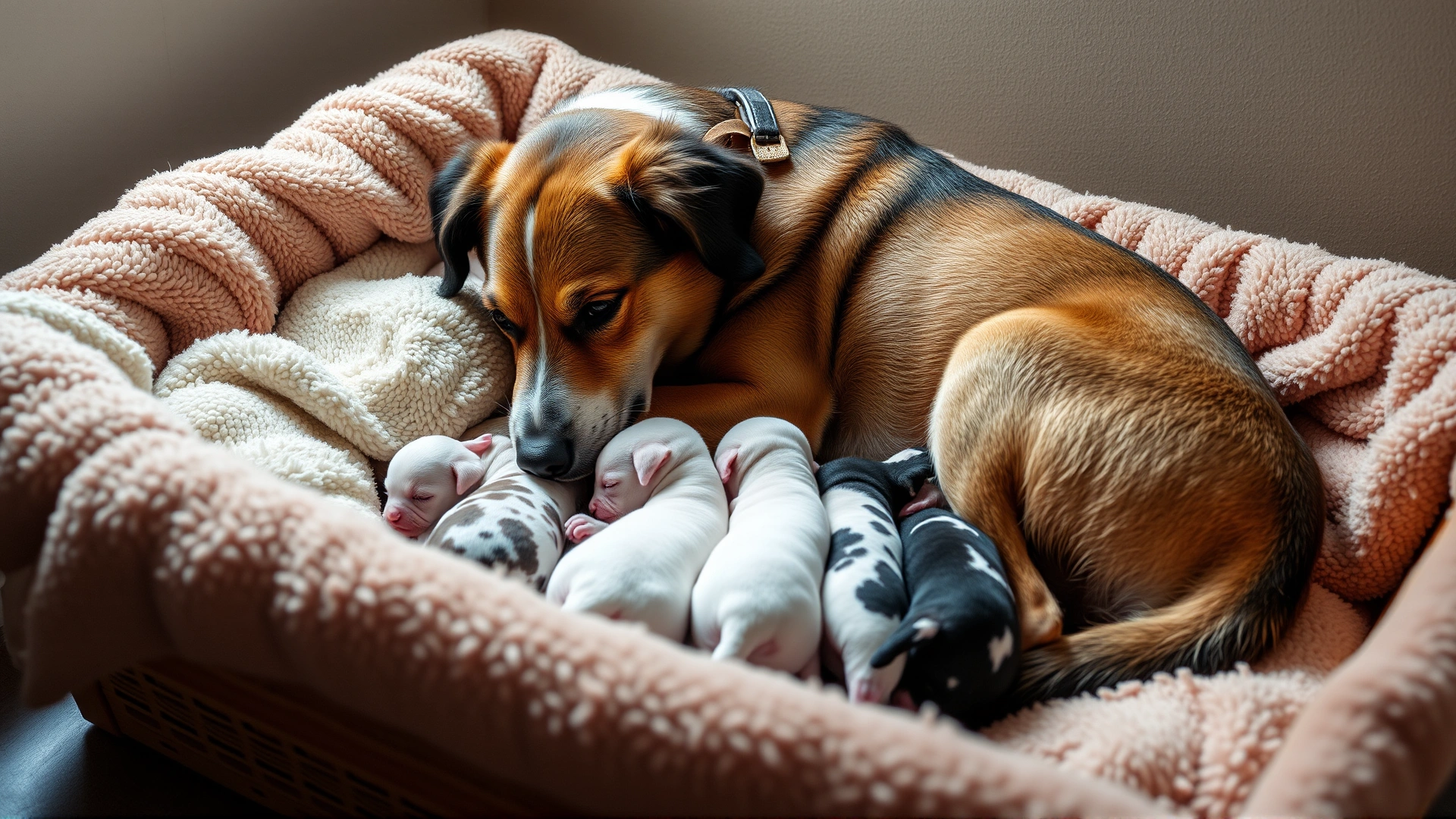 Mother dog nursing a litter of newborn puppies in a cozy whelping box with soft blankets, warm indoor lighting, no text