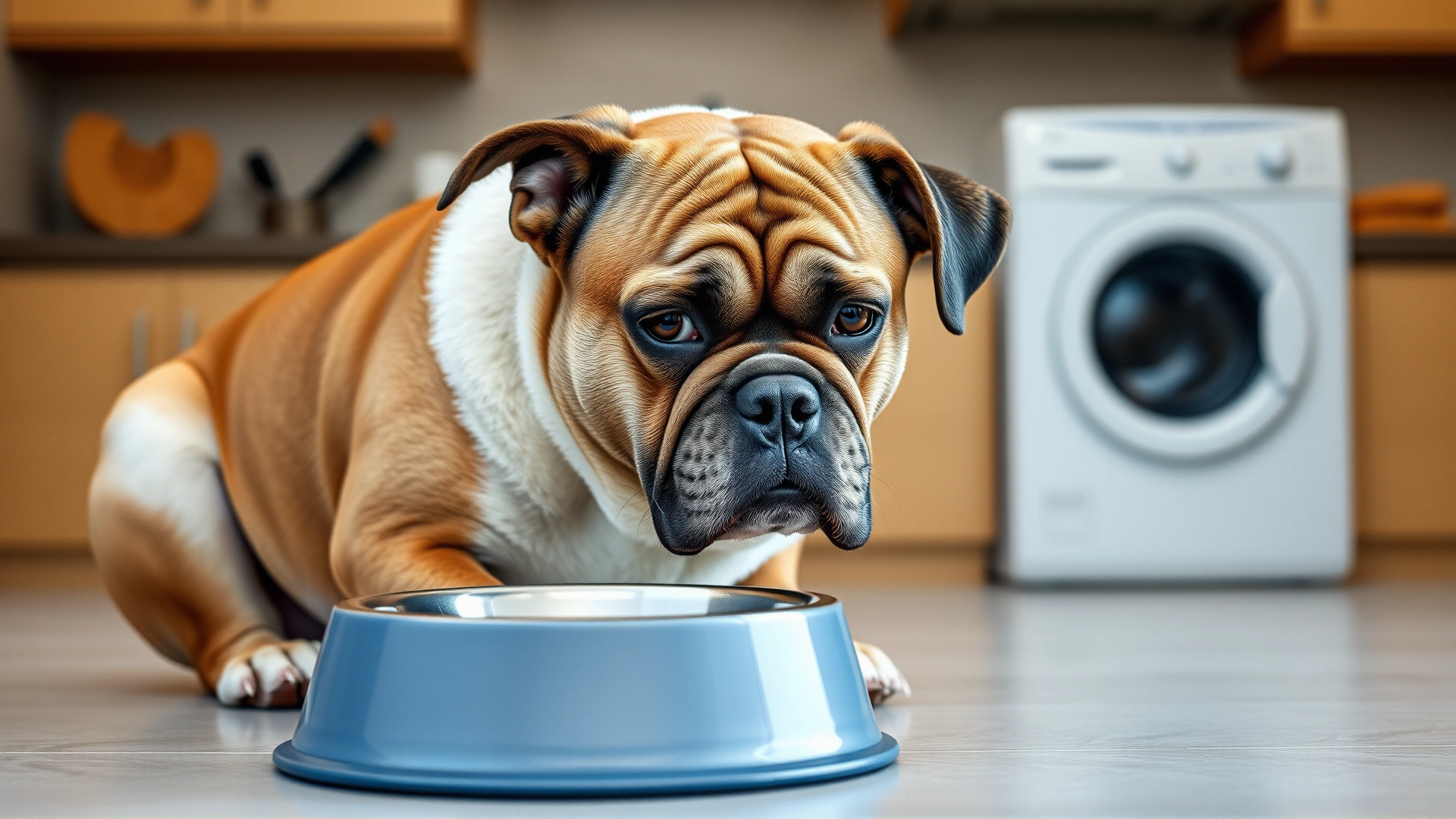 Medium-sized dog sitting near an empty food bowl looking slightly uncomfortable, hinting at digestive upset, kitchen background