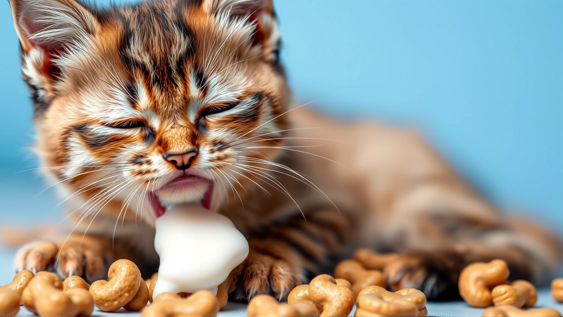 Macro shot of a kitten’s upset face with a small milk mustache, surrounded by scattered kibble pieces, illustrating digestive discomfort.