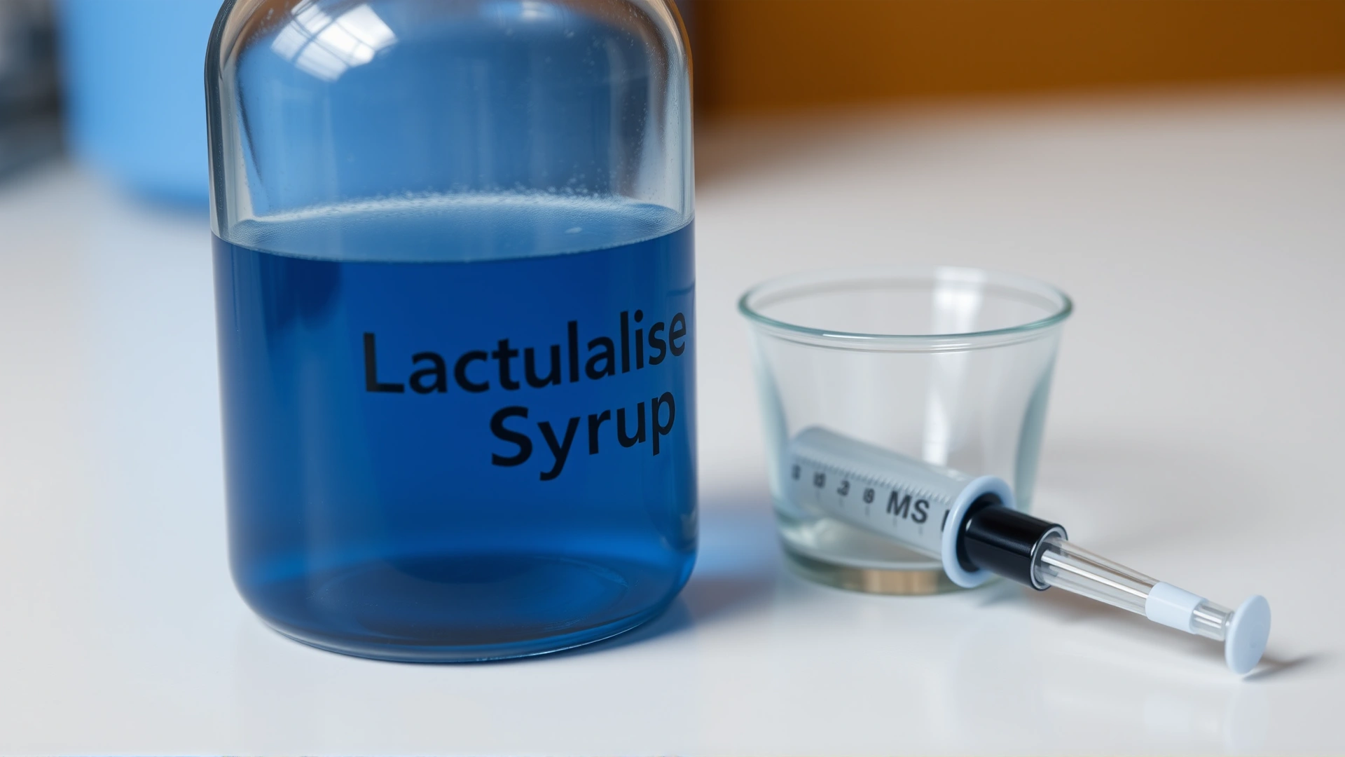 Close-up of a translucent bottle labeled “Lactulose Syrup” with a measuring syringe and a small medicine cup on a white veterinary countertop.