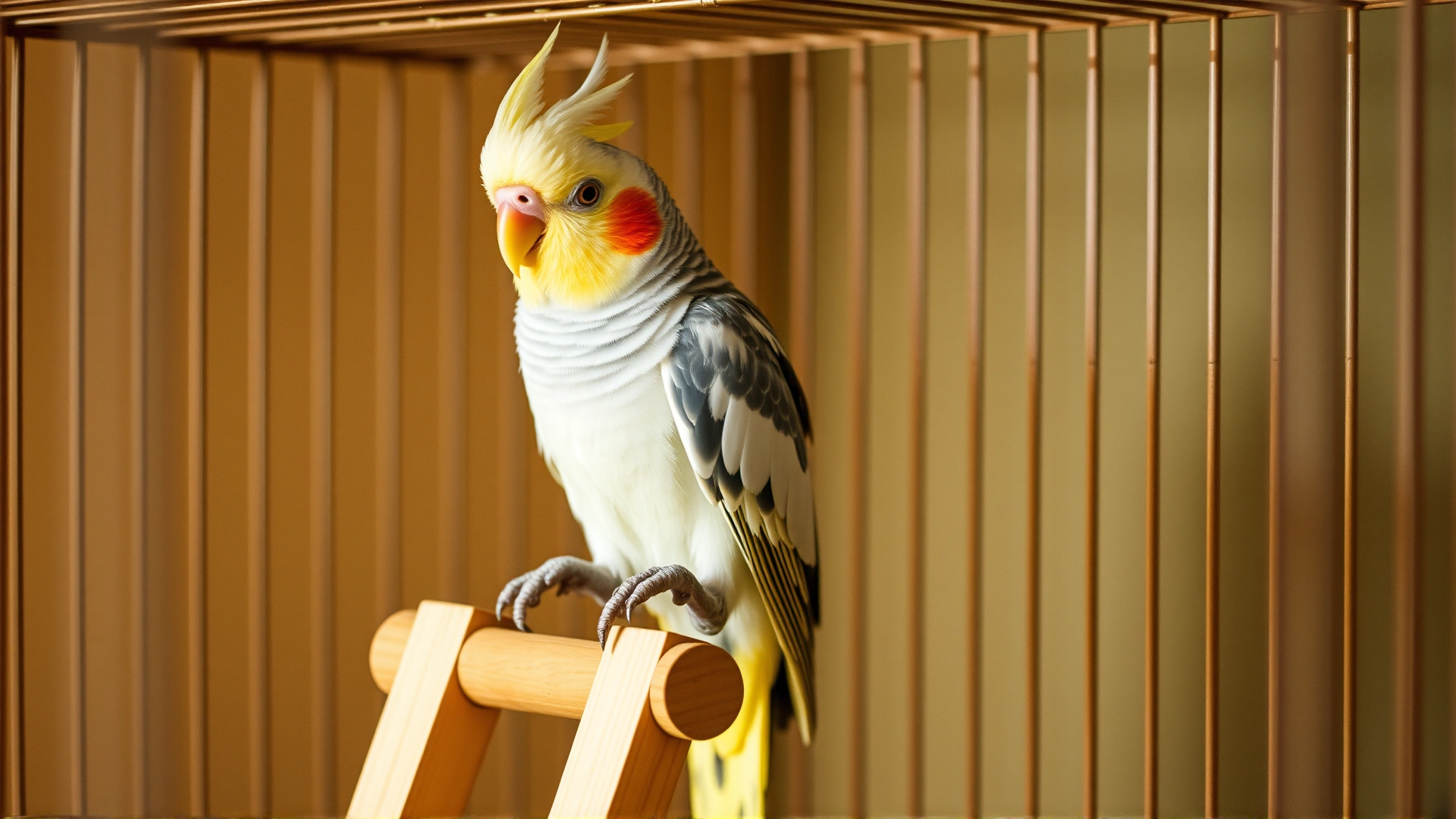 Cockatiel climbing a wooden ladder toy inside its cage, warm lighting