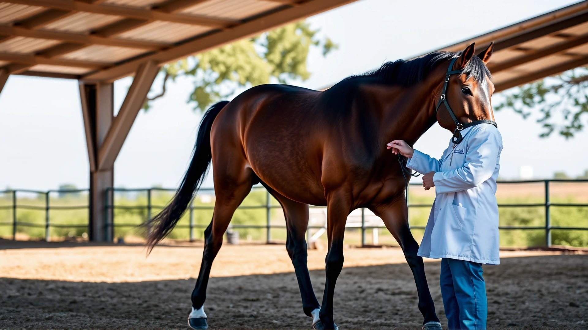 Veterinarian observing a horse walking in a straight line in an outdoor arena to assess lameness, sunny day, natural colors.