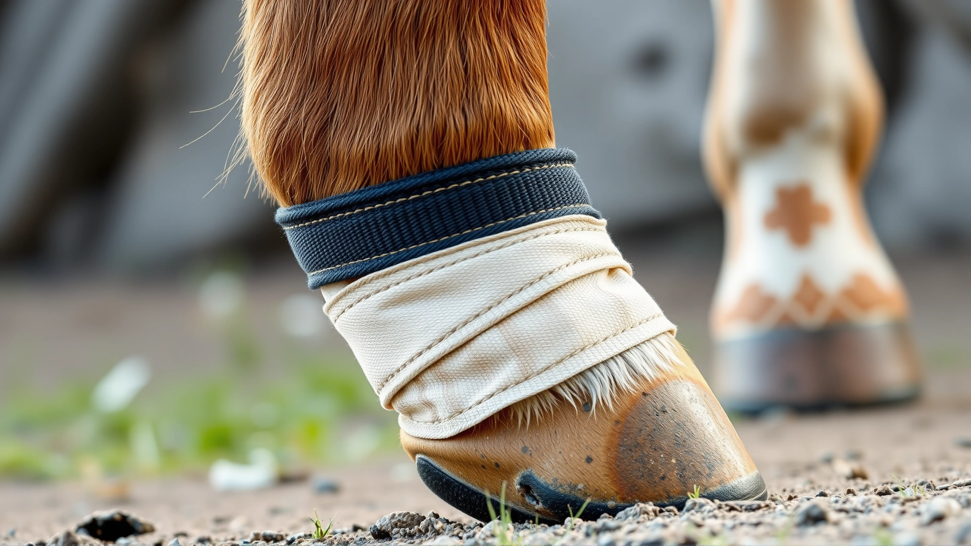 Close-up of a horse hoof with a supportive bandage during recovery from laminitis