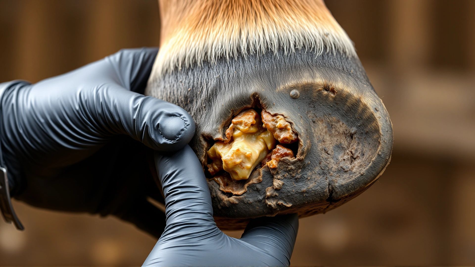 Detailed photograph of a horse hoof being examined by a gloved hand, showing early signs of laminitis.