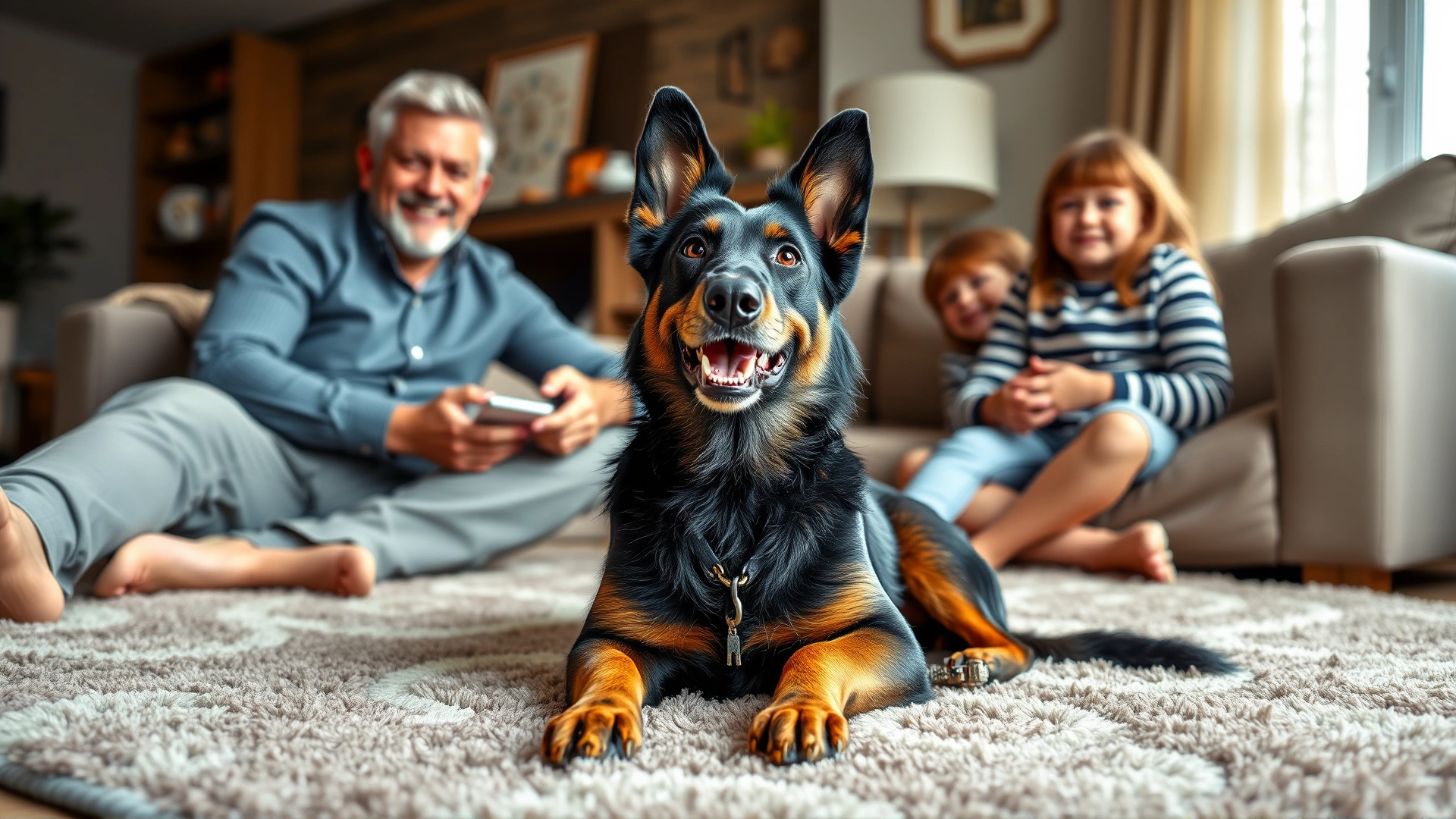 A smiling Lancashire Heeler sitting on a living-room rug surrounded by a family with two kids, cozy indoor scene, high-resolution photo