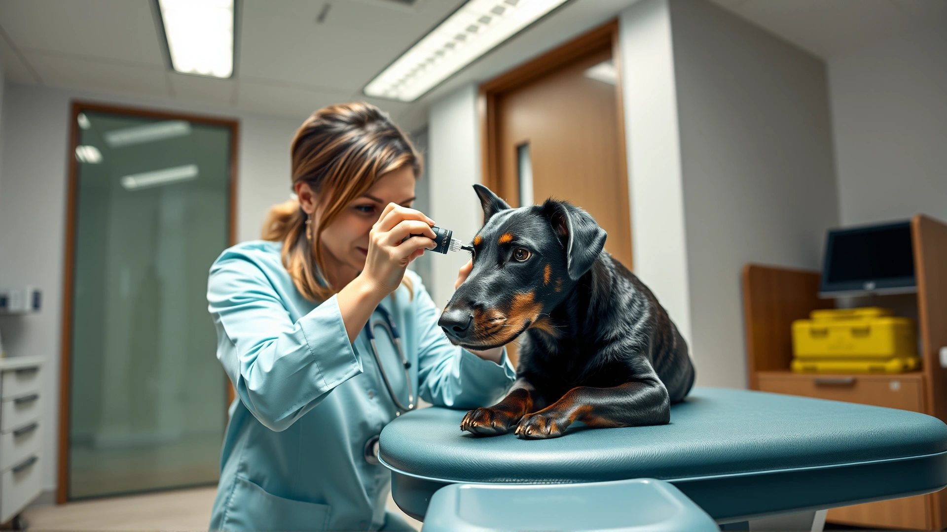 Veterinarian in a modern clinic gently examining a Lancashire Heeler's eyes on an examination table, professional setting, high-resolution photo