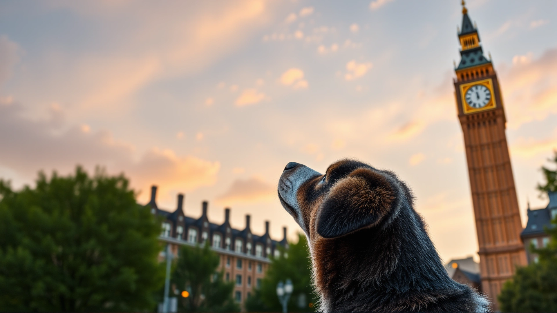 A dog looking up at a distinct city landmark (e.g., a clock tower) during golden hour, representing visual memory aids.