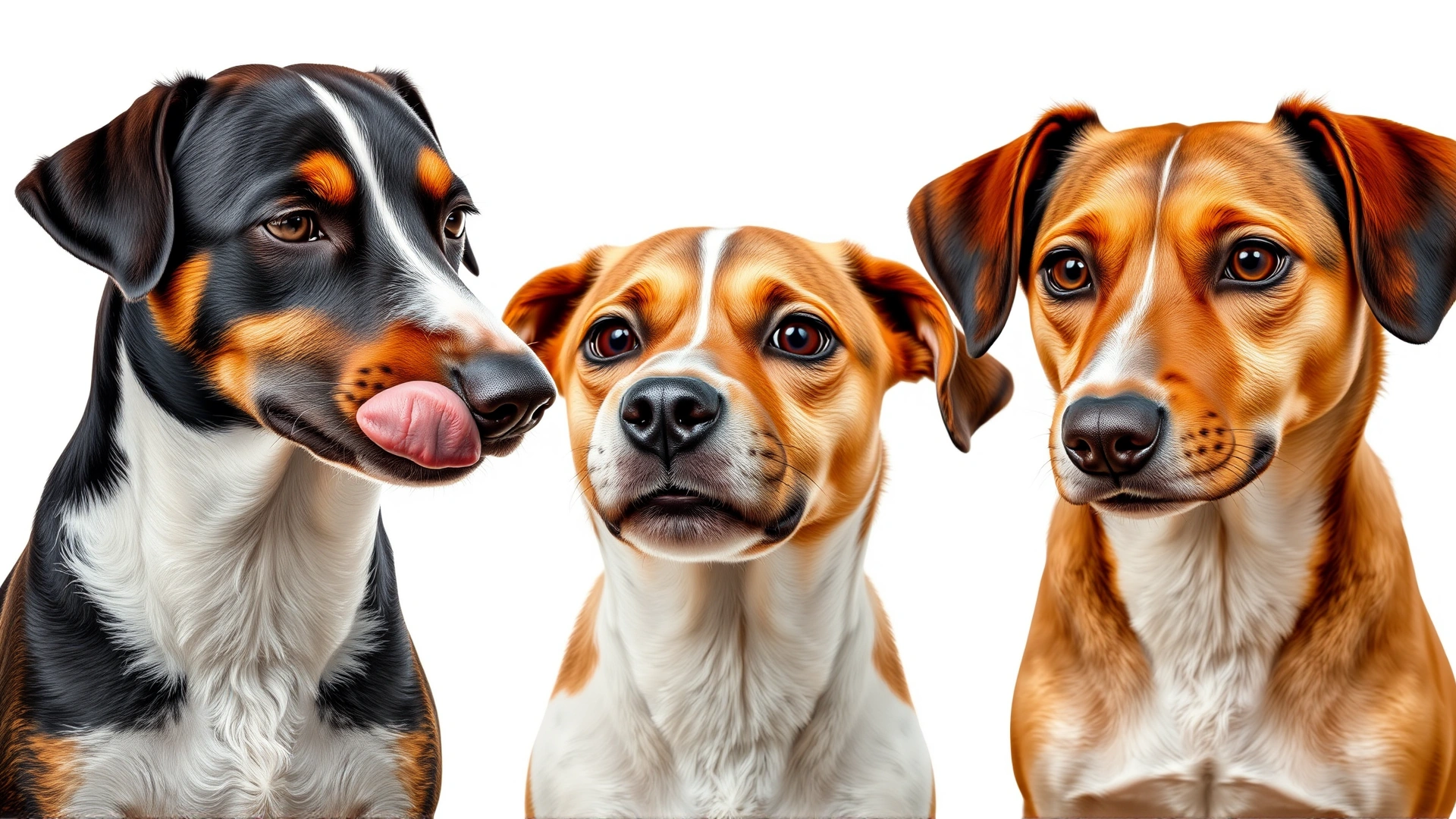 Collage-style photo showing three different dogs each displaying a specific stress signal: lip licking, yawning, and avoiding eye contact, plain background.