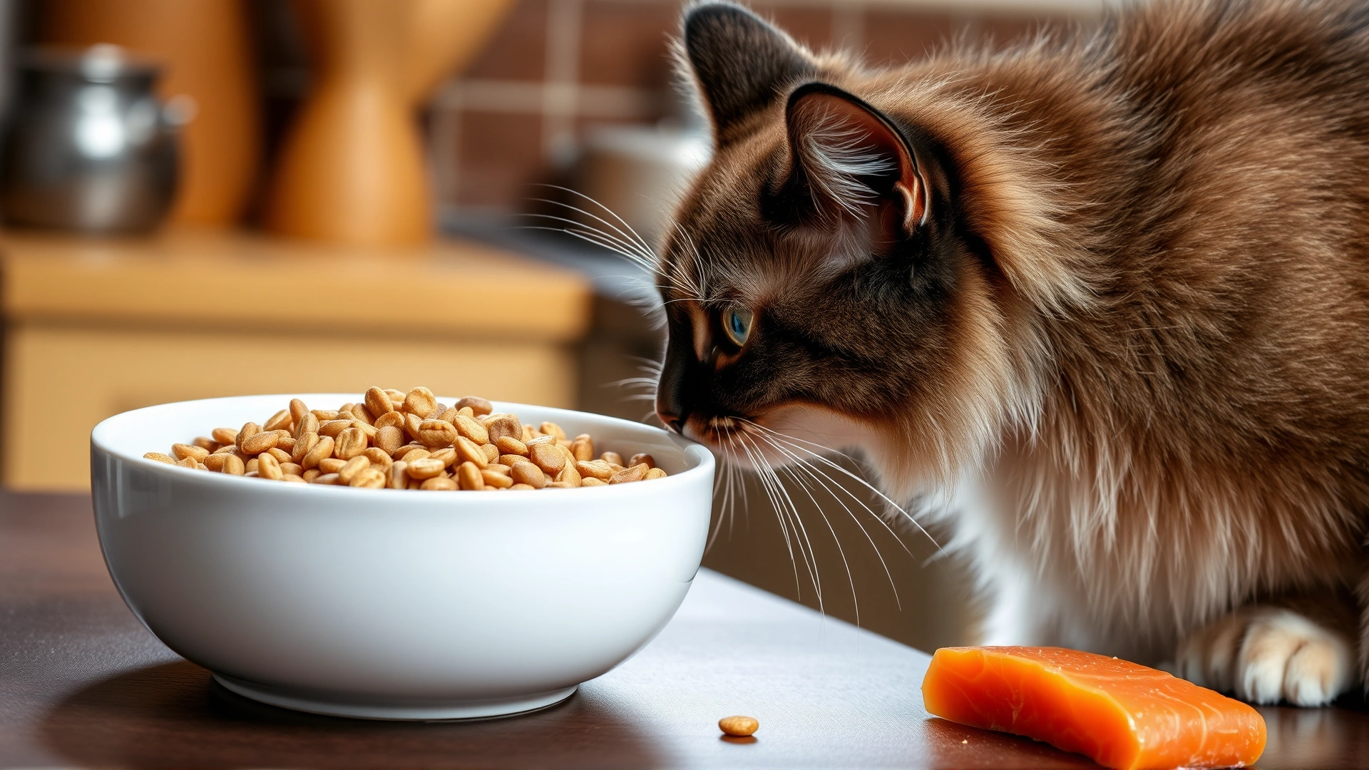Bowl of high-quality dry cat food with fresh salmon beside, on kitchen counter with LaPerm cat sniffing