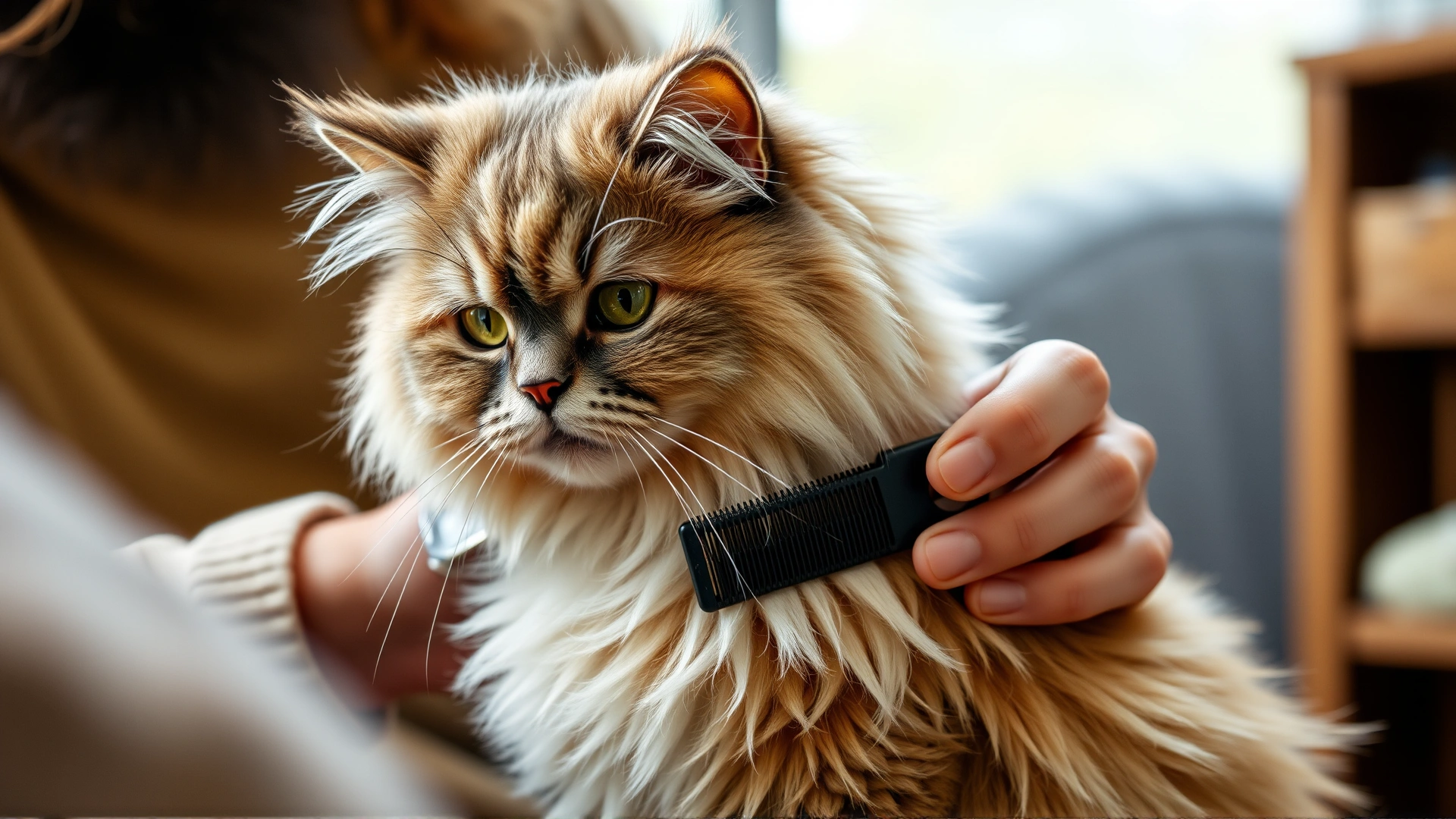 Owner gently combing a LaPerm cat with a wide-tooth comb, cosy home setting