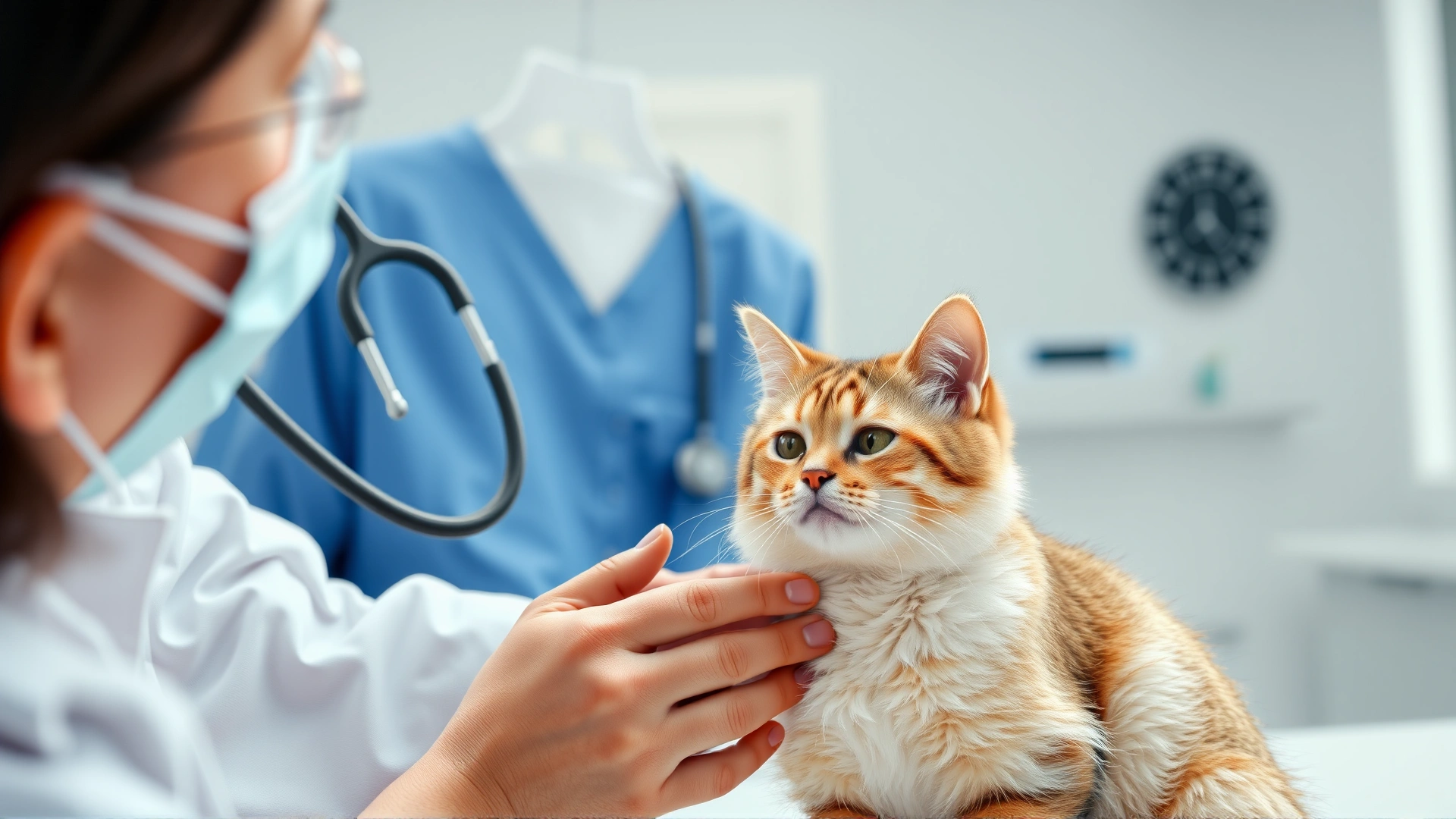 Veterinarian listening to a LaPerm cat's heartbeat with a stethoscope in a modern clinic
