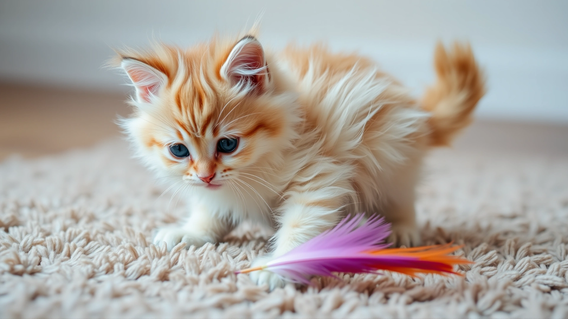 Playful LaPerm kitten with springy curls chasing a feather toy on a fluffy rug
