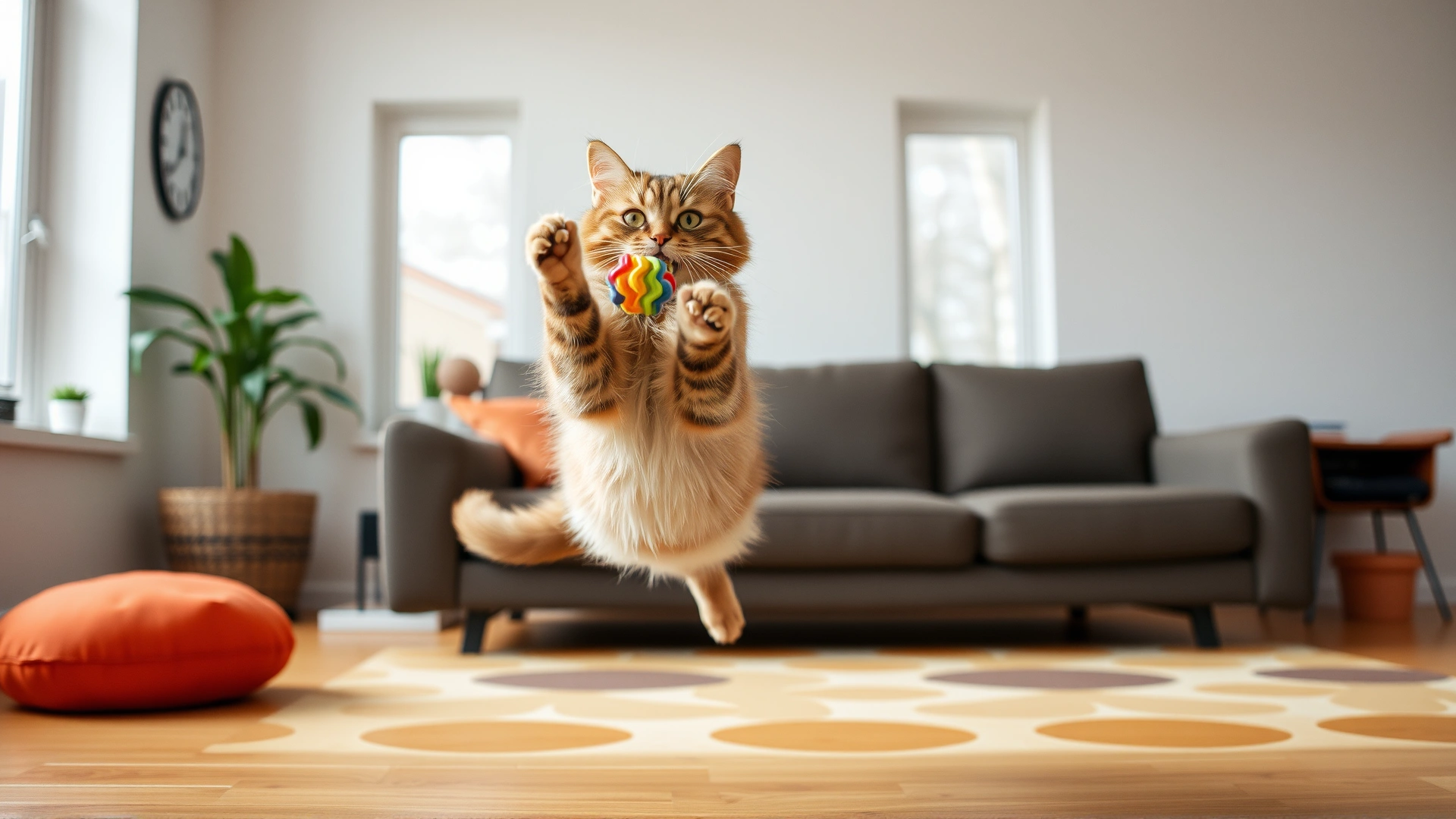 Adult LaPerm cat mid-jump catching a colorful toy in a bright living room