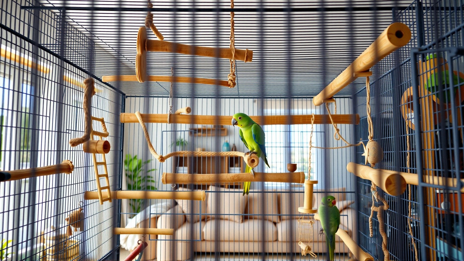 Interior shot of a well-equipped large parrot cage with multiple wooden perches, ladders, and chew toys, set in a bright living room.