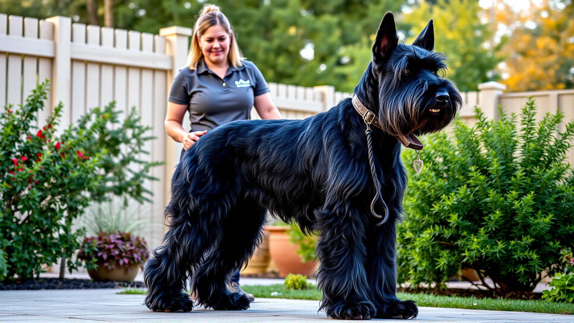 Giant Schnauzer standing proudly beside a trainer in a spacious backyard, showcasing a large hypoallergenic breed.