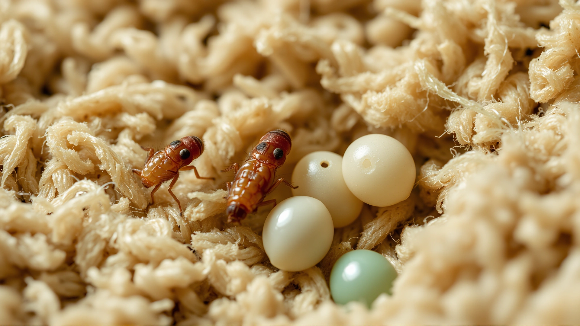 Macro photograph of flea larvae and eggs nestled in carpet fibers, high detail, neutral lighting.