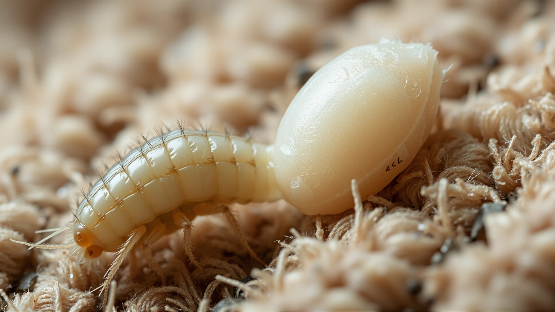 Macro shot of flea larva and cocooned pupa in household carpet fibers, demonstrating hidden stages, high detail