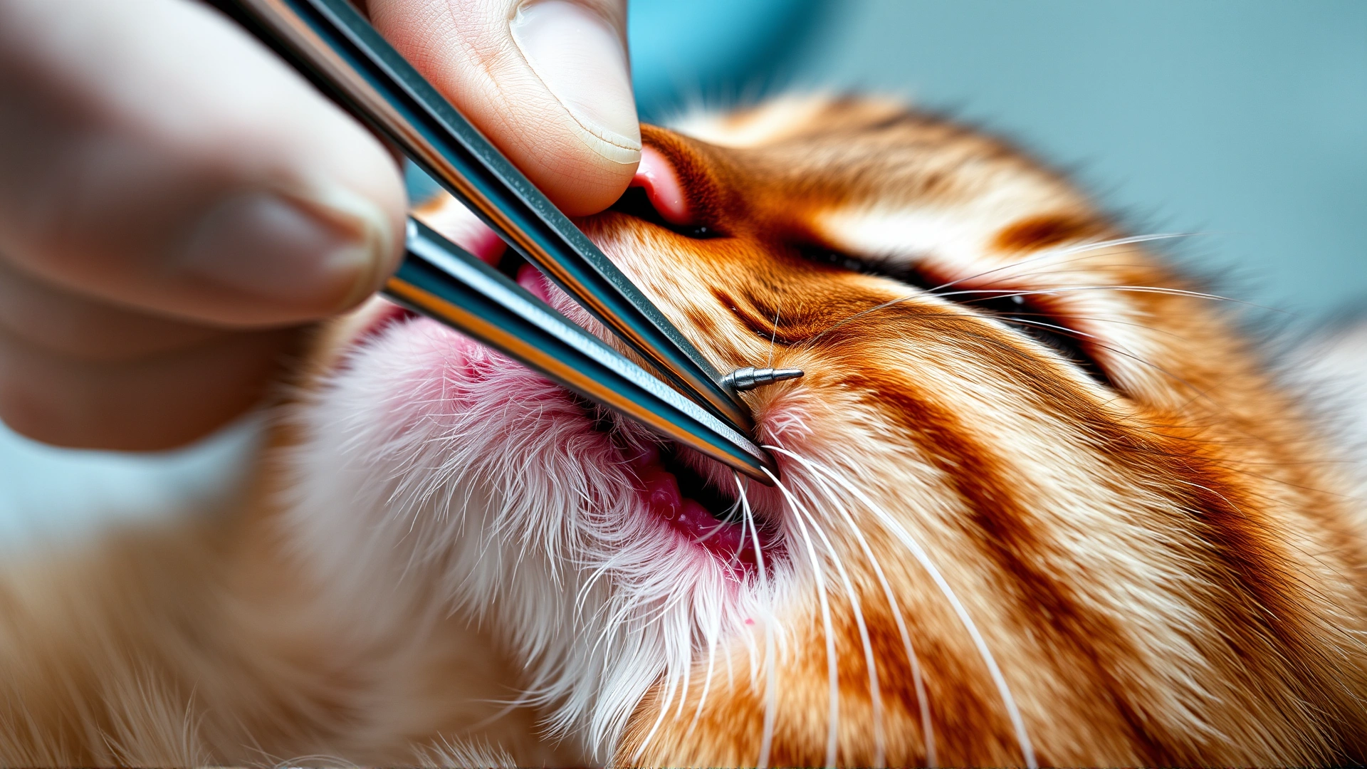 Close-up view of a veterinarian using forceps to gently remove a botfly larva from under a cat’s skin, sterile clinic setting, minimal blood.