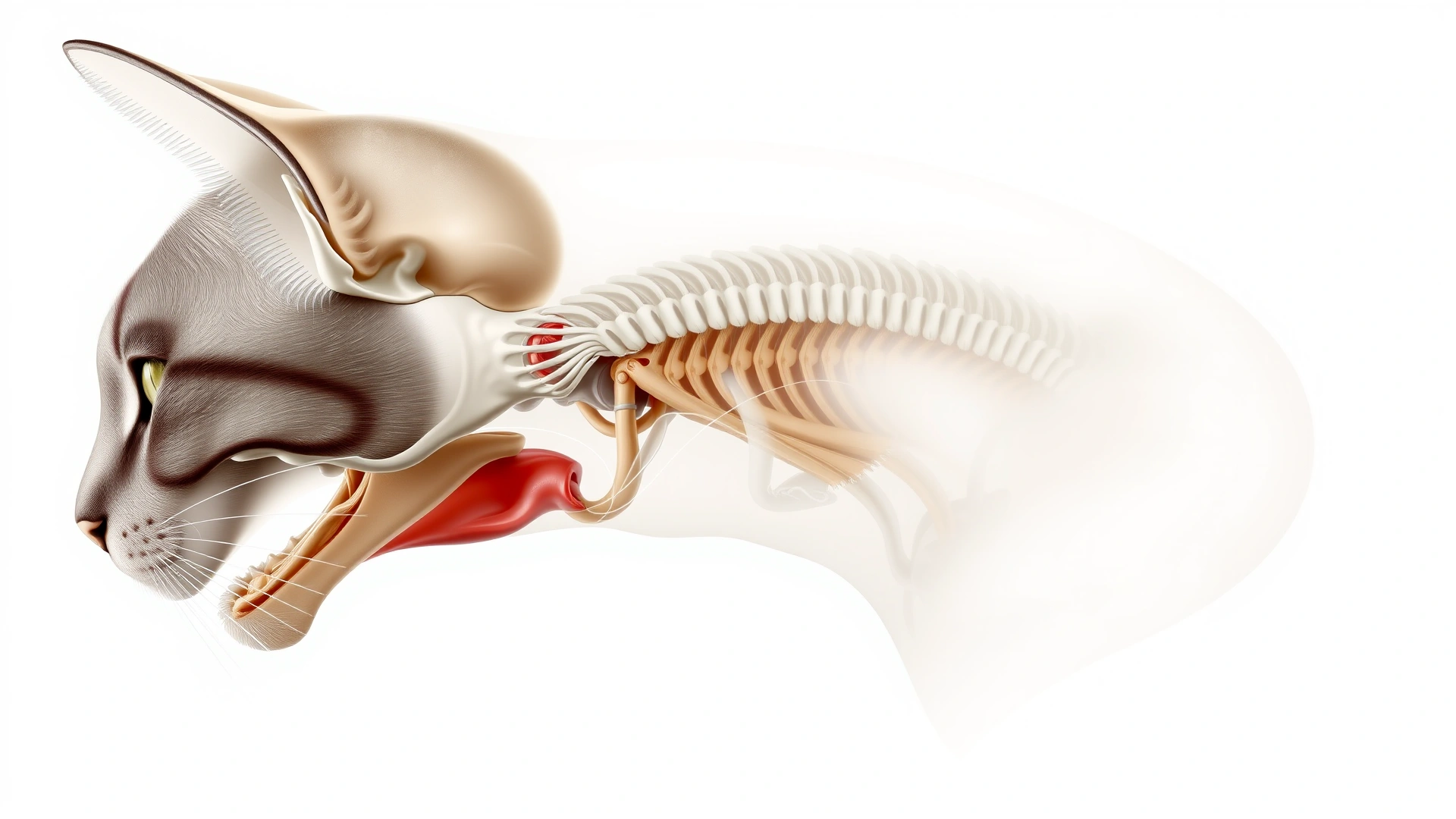 High-resolution digital illustration of a cat’s head and neck in semi-transparent style showing the larynx and trachea without any labels or text, on a white background.
