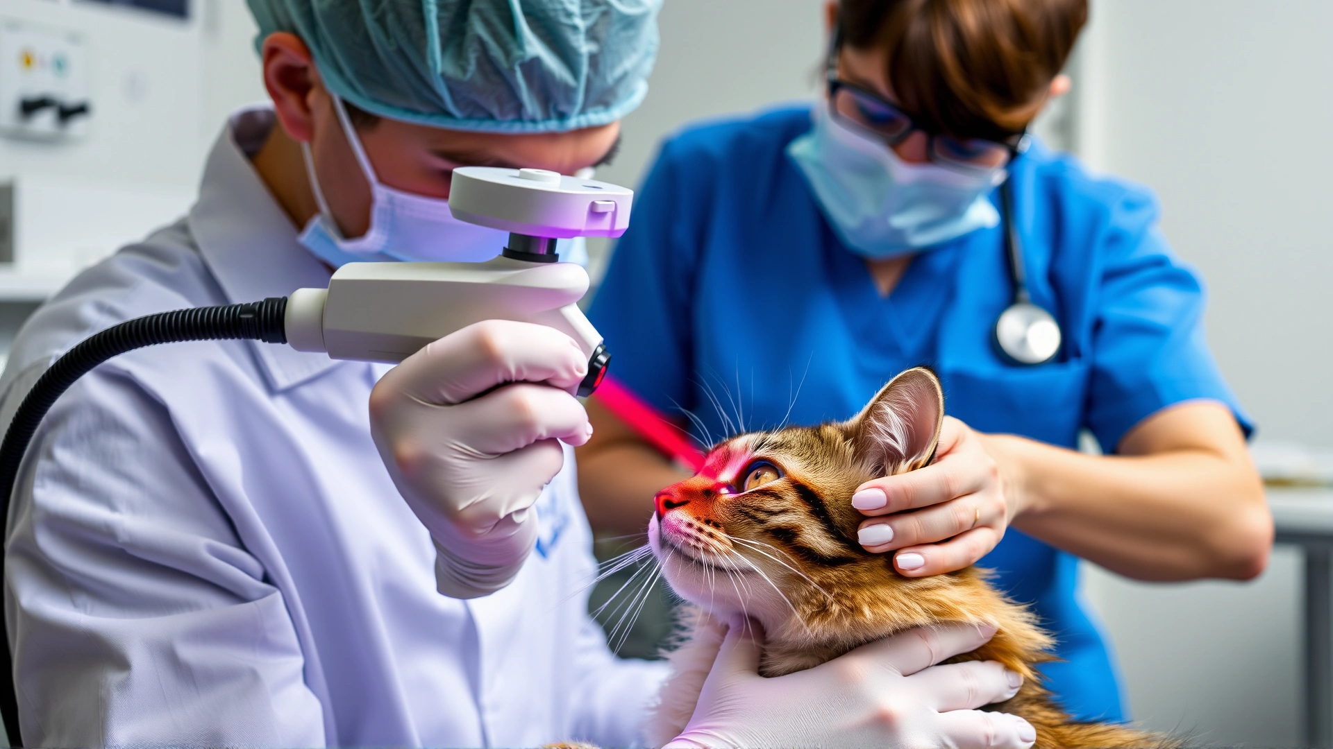 Veterinary ophthalmologist using a laser device to treat a cat's eye while assistant holds the cat carefully