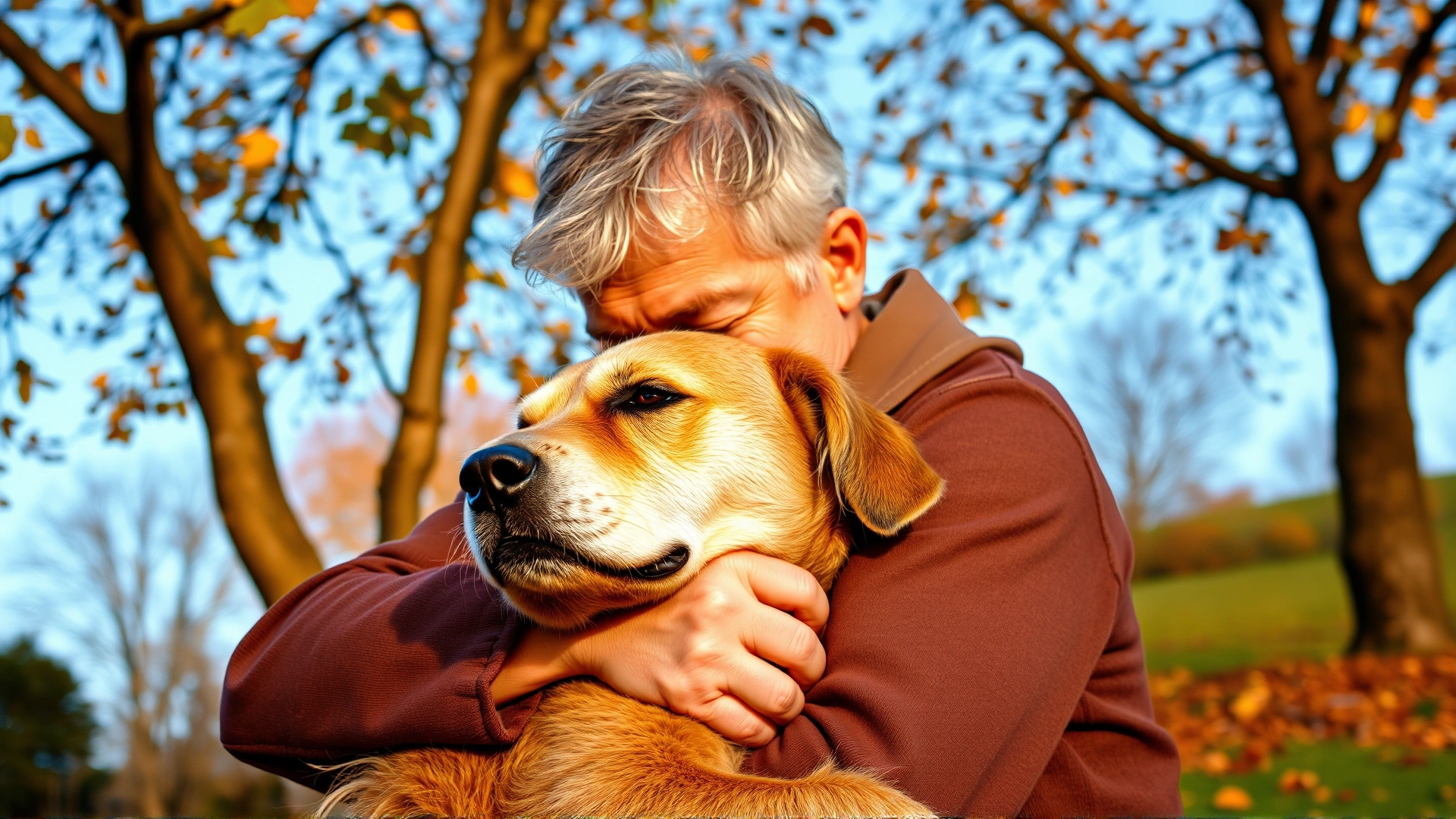 Outdoor shot of an owner hugging an elderly dog under a tree with autumn leaves, emphasizing emotional support during final moments.