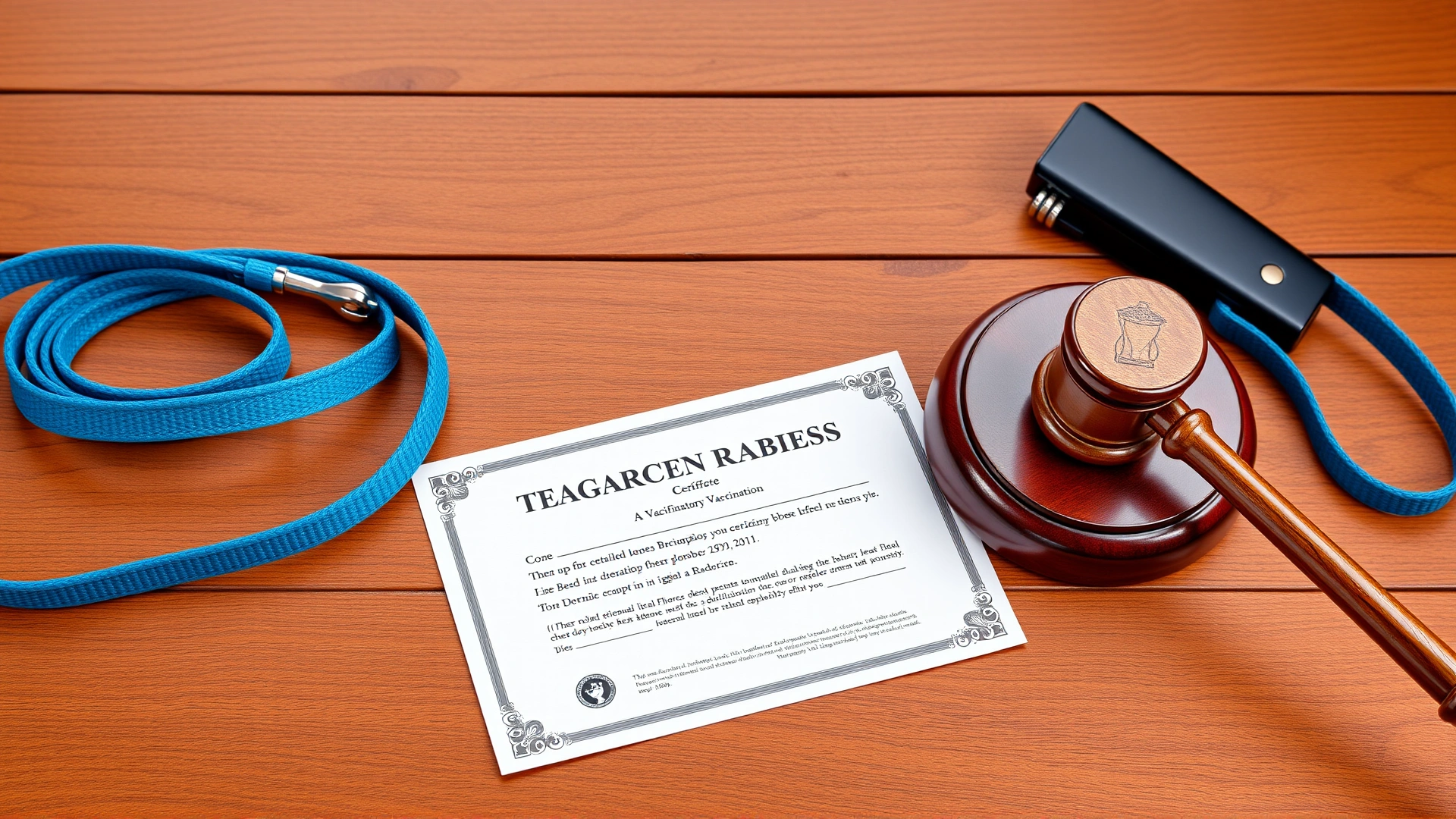 Wooden desk with dog leash, vaccination certificate, and a gavel symbolizing legal requirements for rabies vaccination.