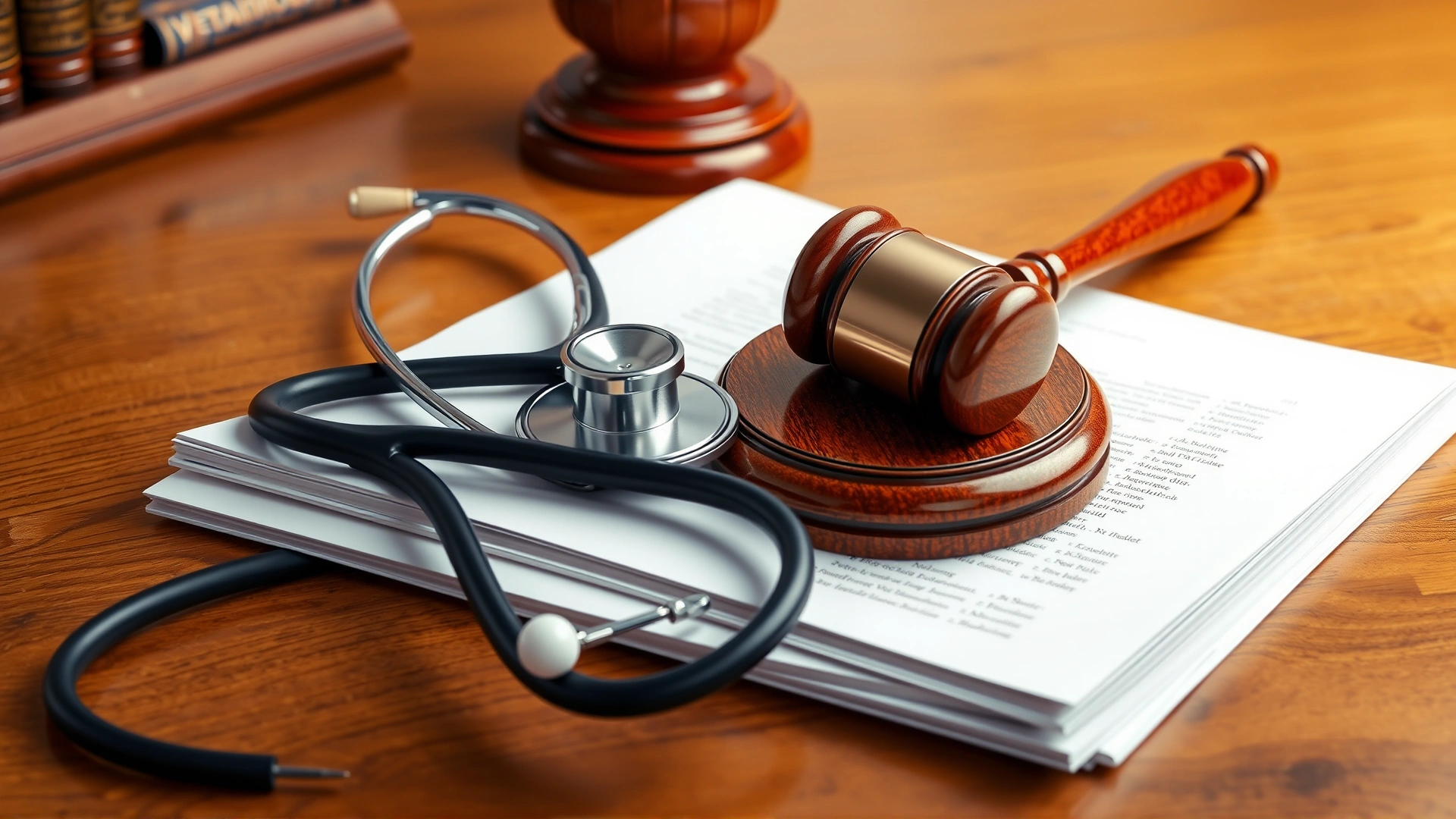 A wooden desk with a stethoscope resting on top of a neat stack of legal documents and a small judge’s gavel beside it – represents veterinary privacy laws.