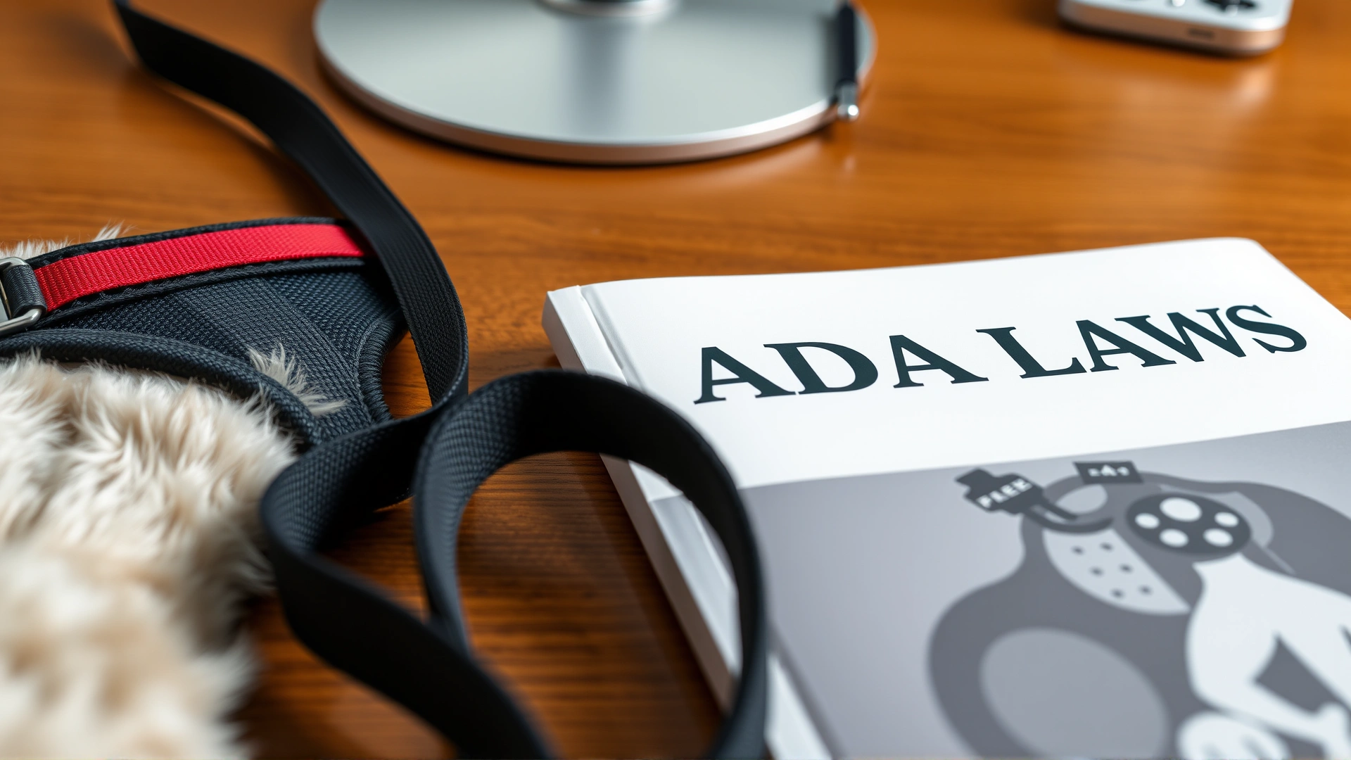 Close-up of an ADA law booklet next to a service dog harness and leash on a wooden desk, warm lighting.
