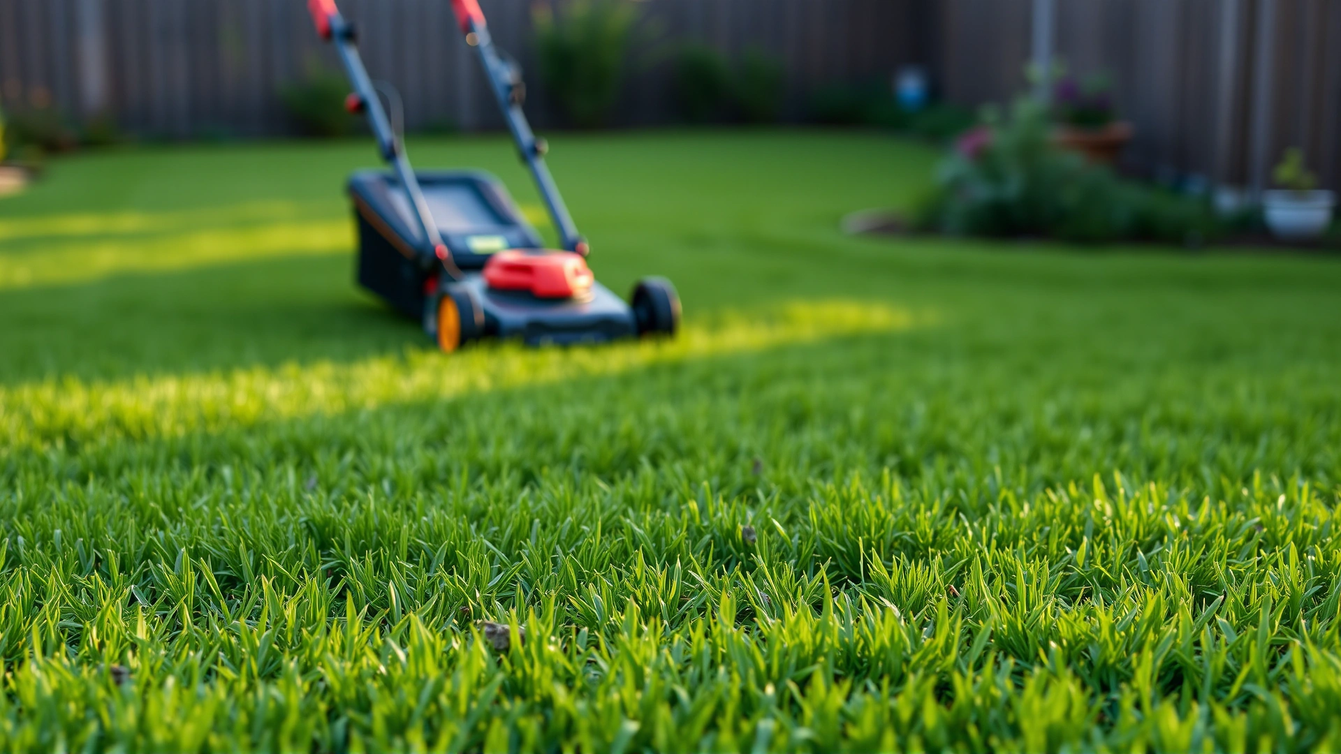 Freshly mowed backyard lawn in early evening light with a push mower in the background and short, even grass in the foreground, symbolizing yard maintenance.