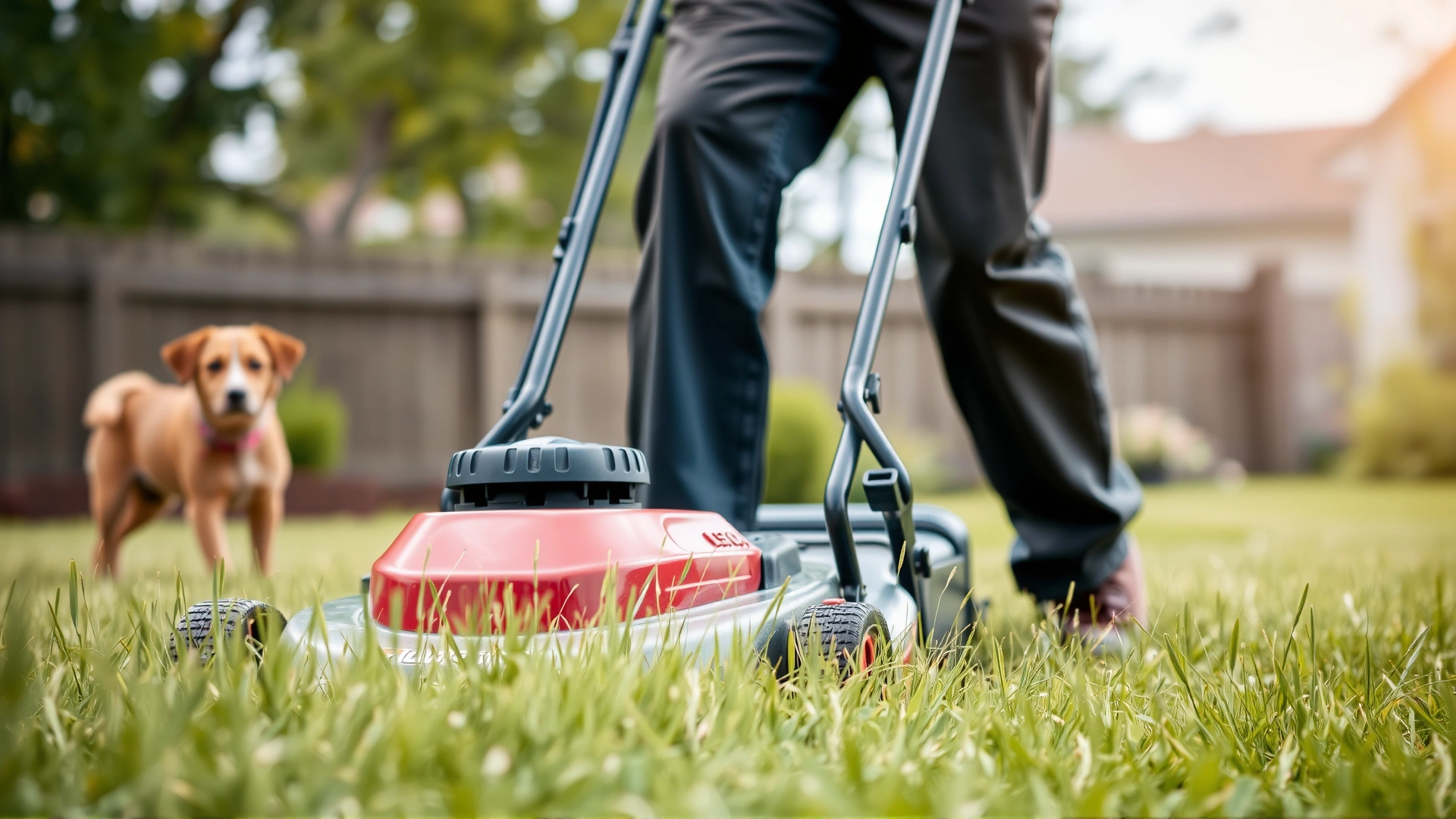 Person pushing a lawn mower over slightly tall grass with a dog watching at a safe distance—visualizes the first step of yard preparation.