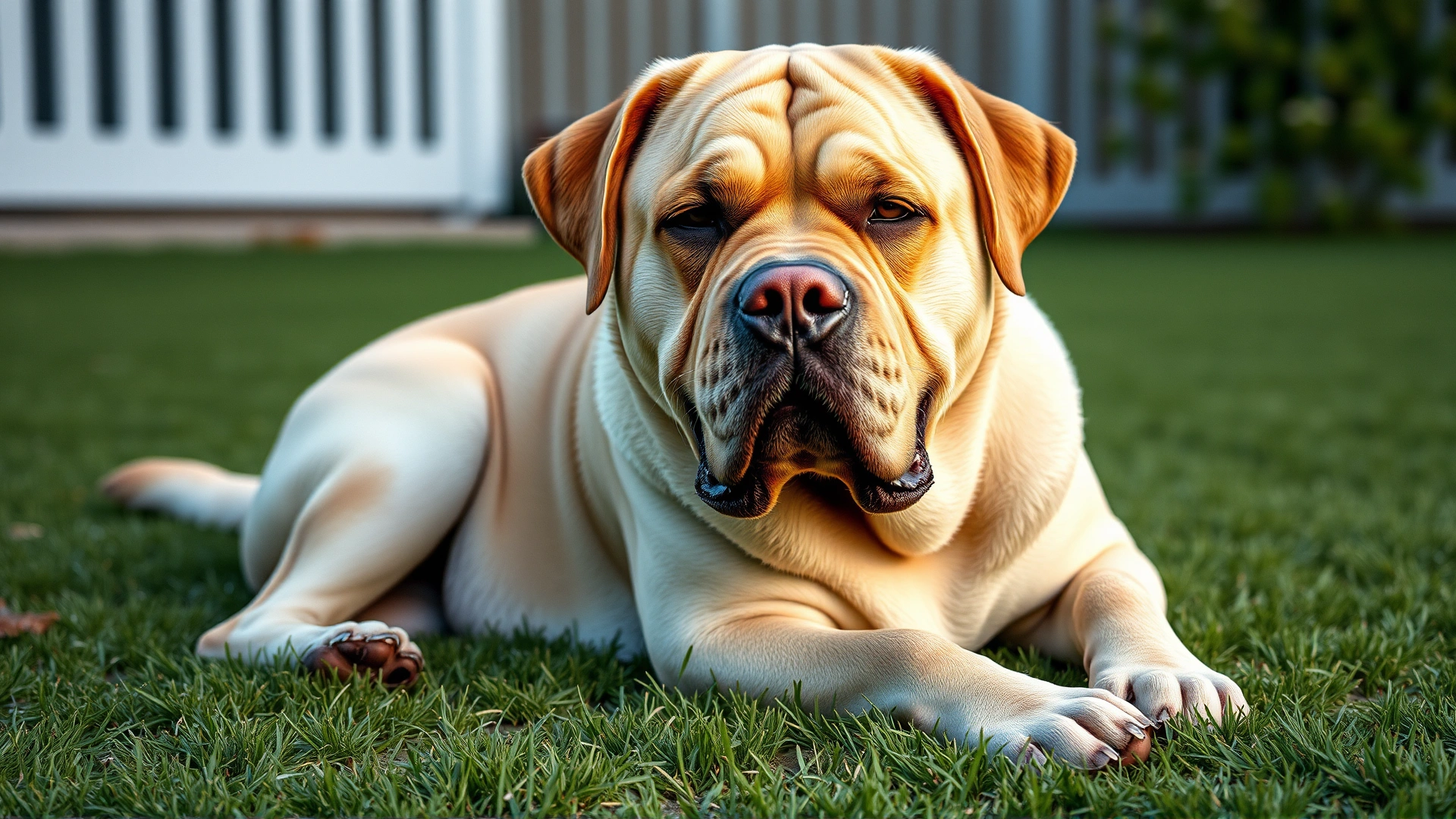 An overweight Labrador lying lazily on a large grassy yard, showing that space alone doesn't guarantee exercise