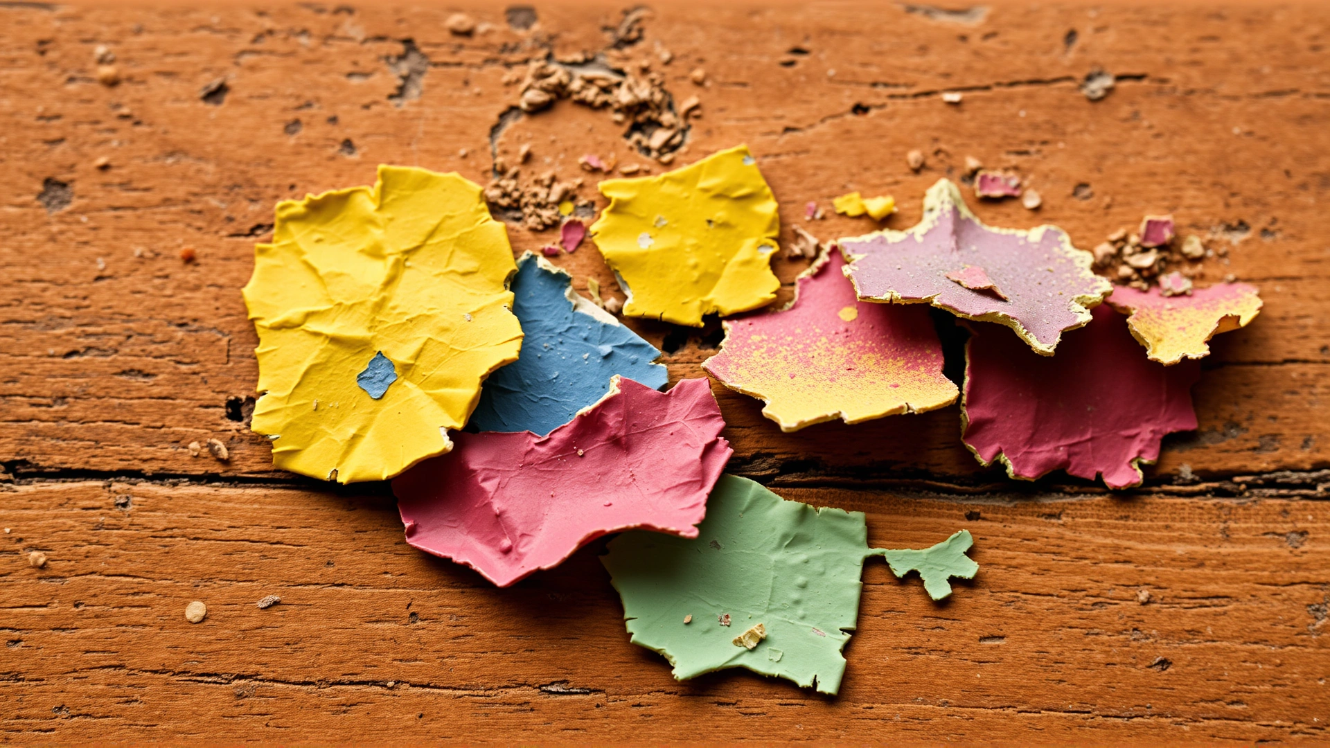 Macro shot of old, colorful, peeling wall paint chips on wooden surface to illustrate hidden lead sources.