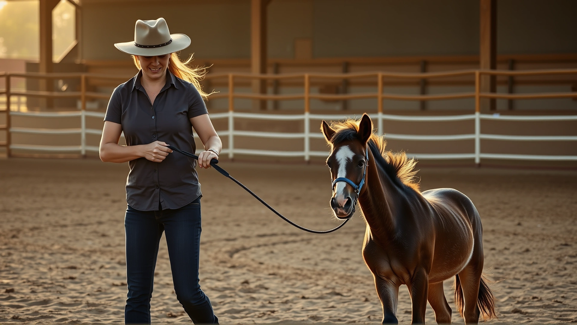 Trainer leading a curious foal on a short lead rope around an arena with sand footing; early morning light
