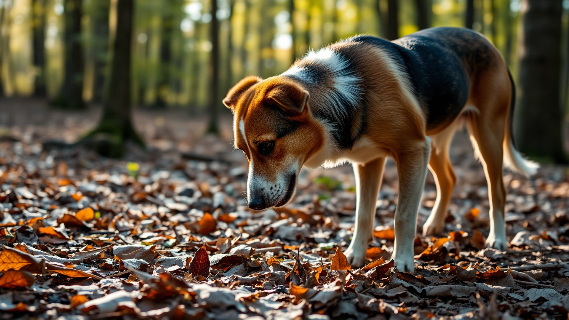 Dog sniffing through dry leaf litter in a forest floor, early morning light