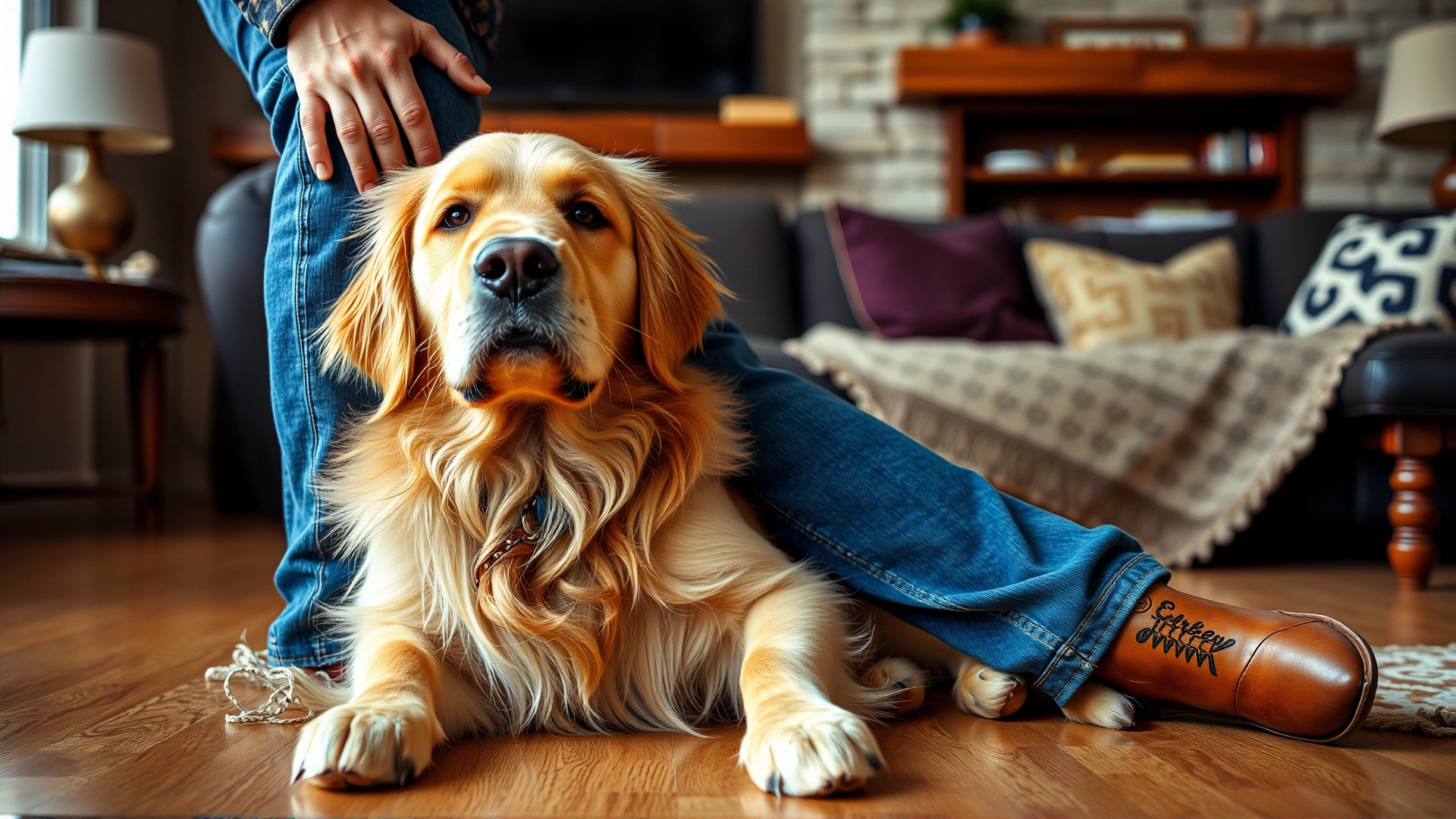 Golden Retriever leaning gently against owner's leg in cozy living room