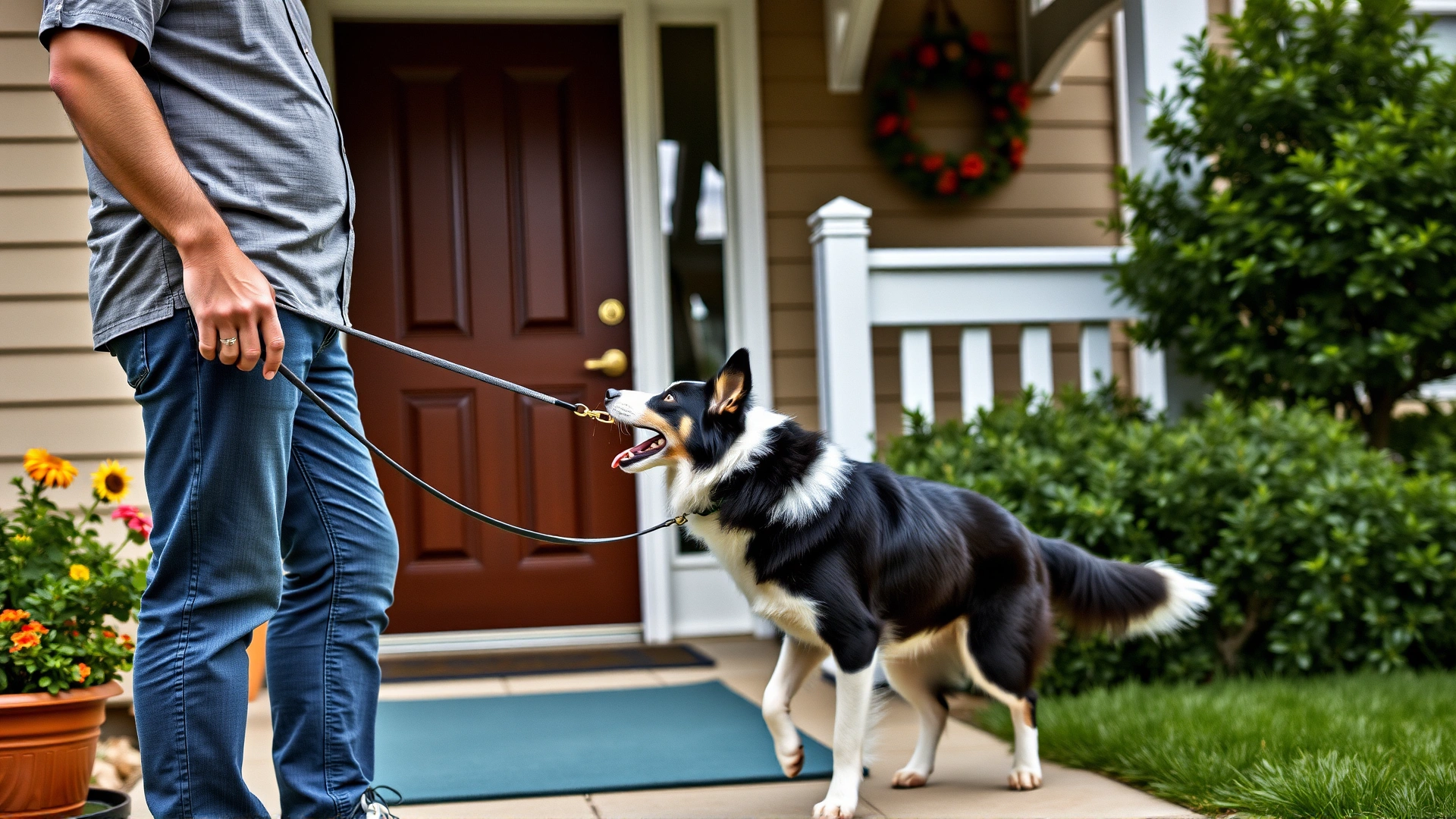 Man holding a short leash, calmly keeping an excited Border Collie from jumping on a guest at the front door, suburban home entrance, no text