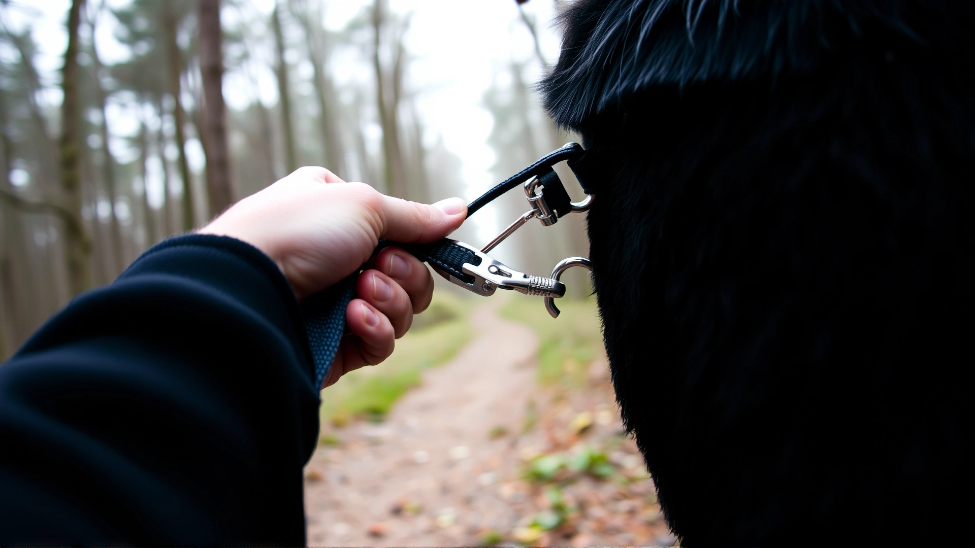 Close-up of a human hand clipping a leash onto a dog's harness with a forest trail blurred in the background.