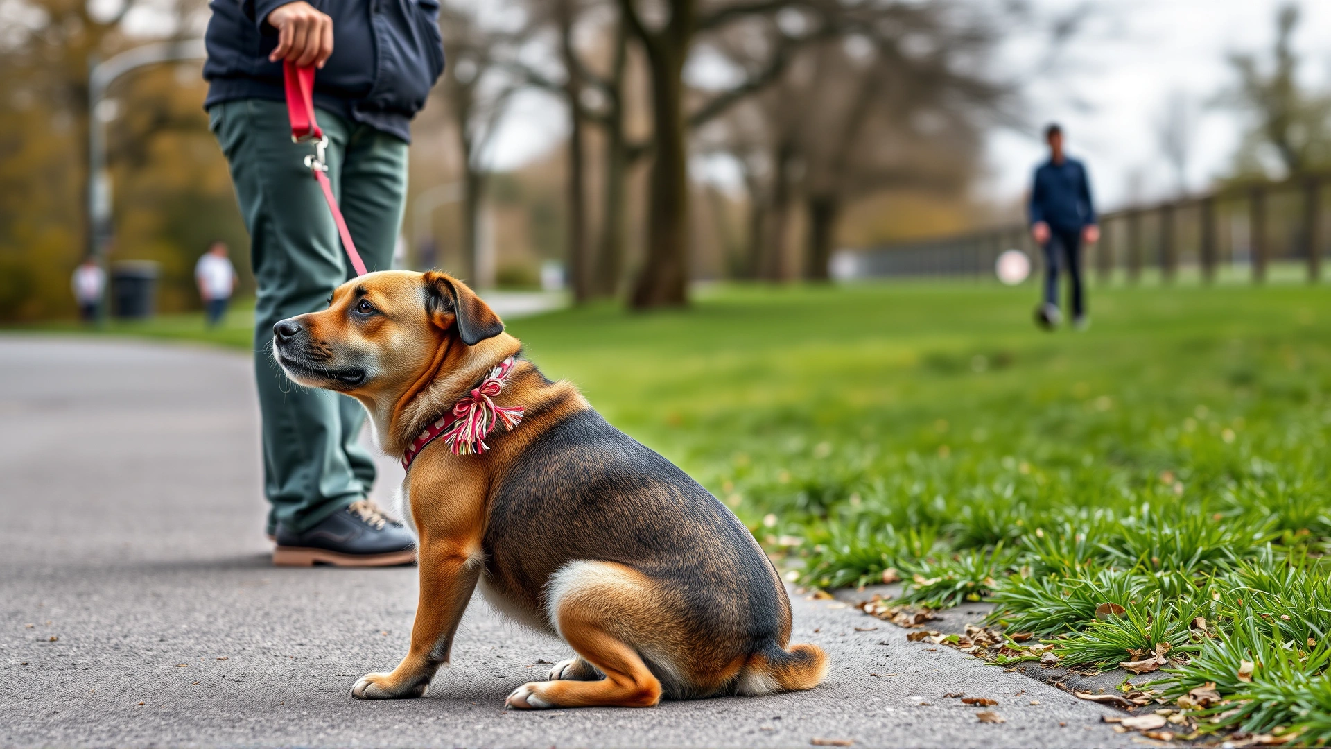 Dog on short leash outdoors, owner asking for sit while a passerby approaches in blurred background