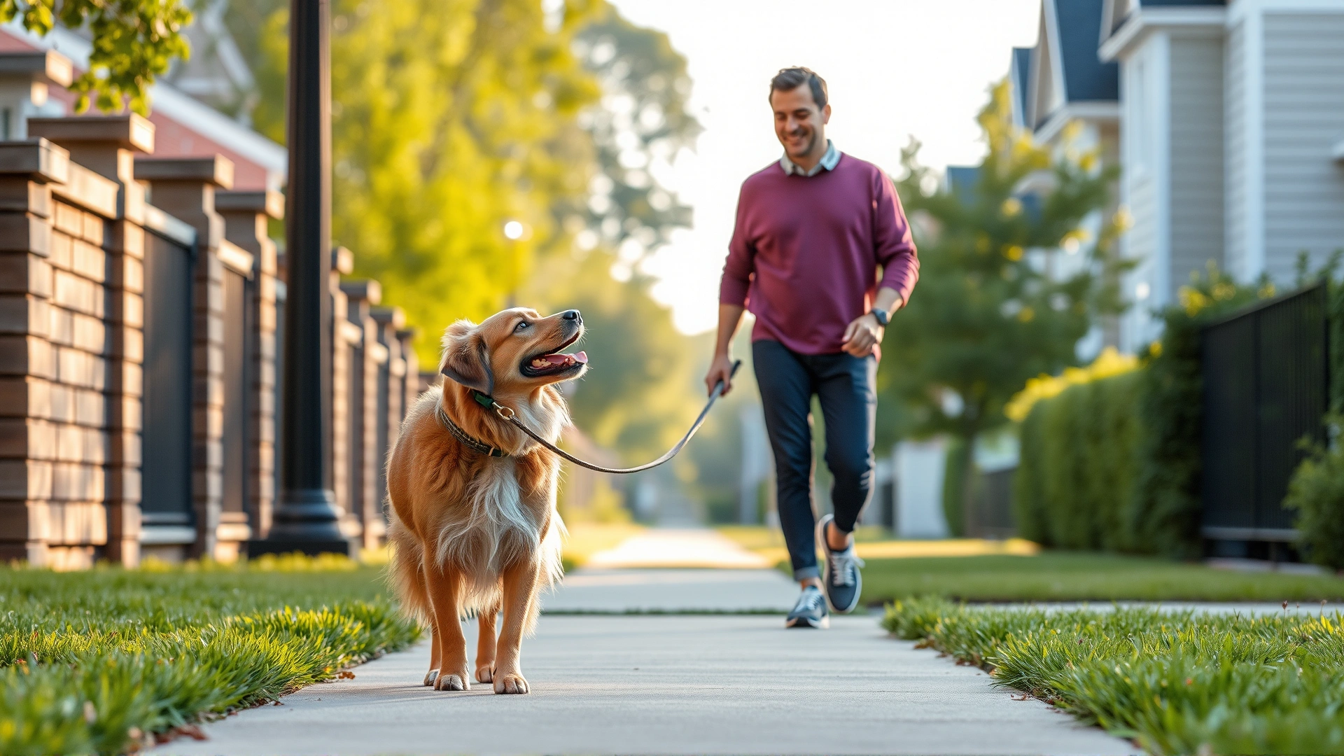 Owner walking dog on a slack leash along a quiet suburban sidewalk, dog glancing up at owner, morning light