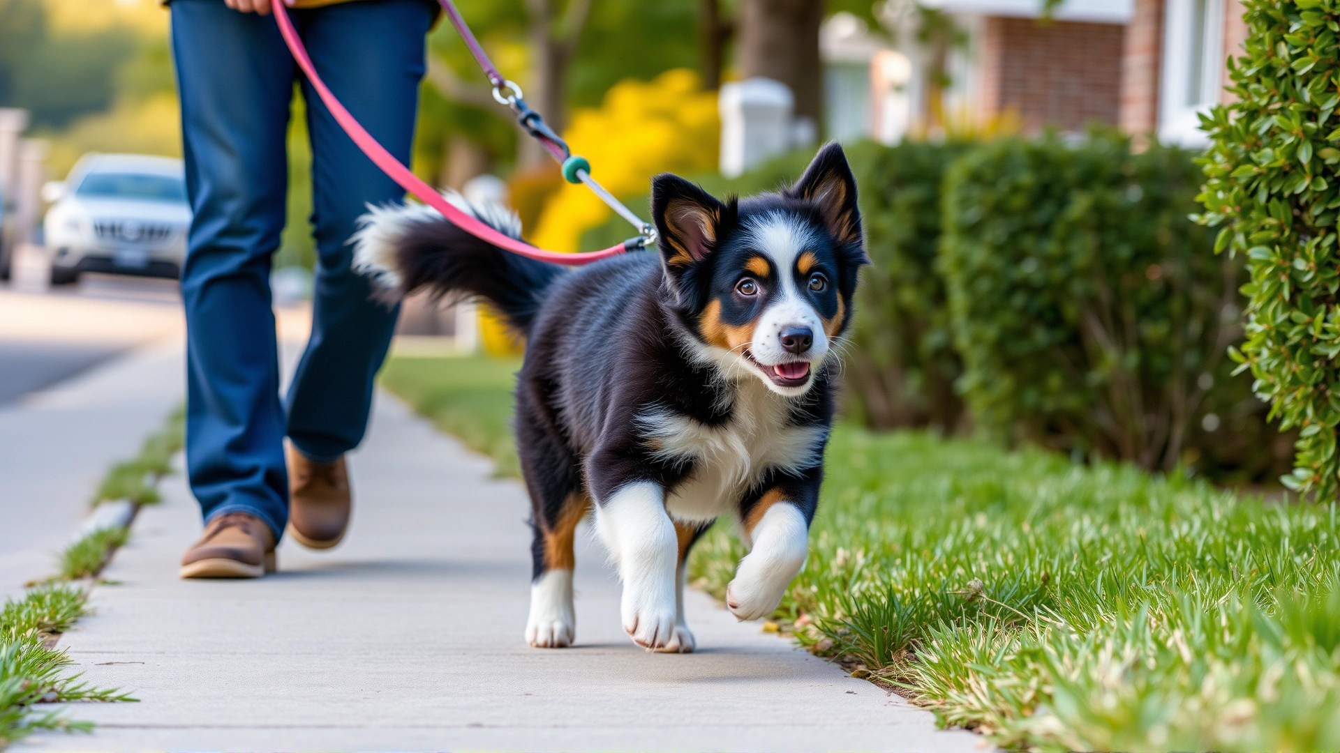 An energetic border collie puppy walking beside owner on a suburban sidewalk, loose leash