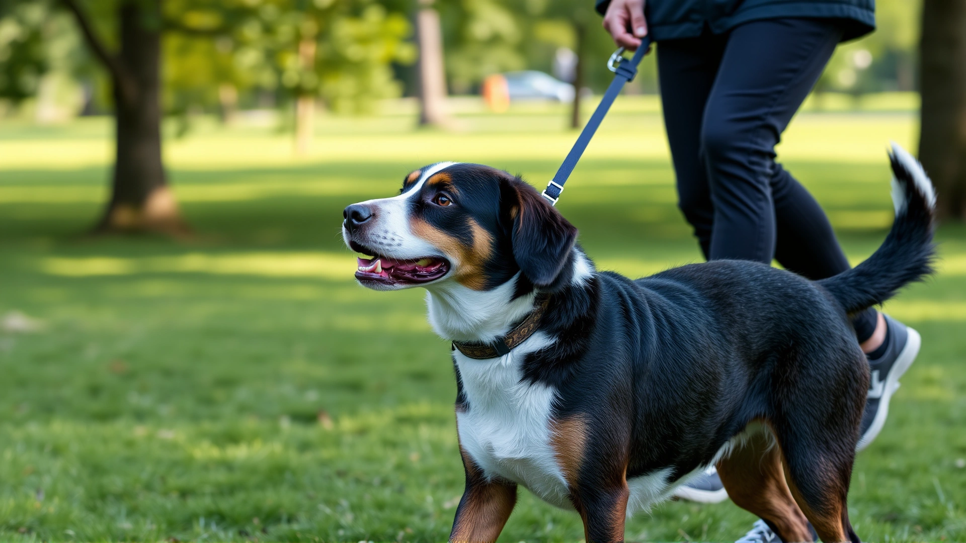 Dog on a leash walking with its owner through a green park, demonstrating supervised outdoor activity