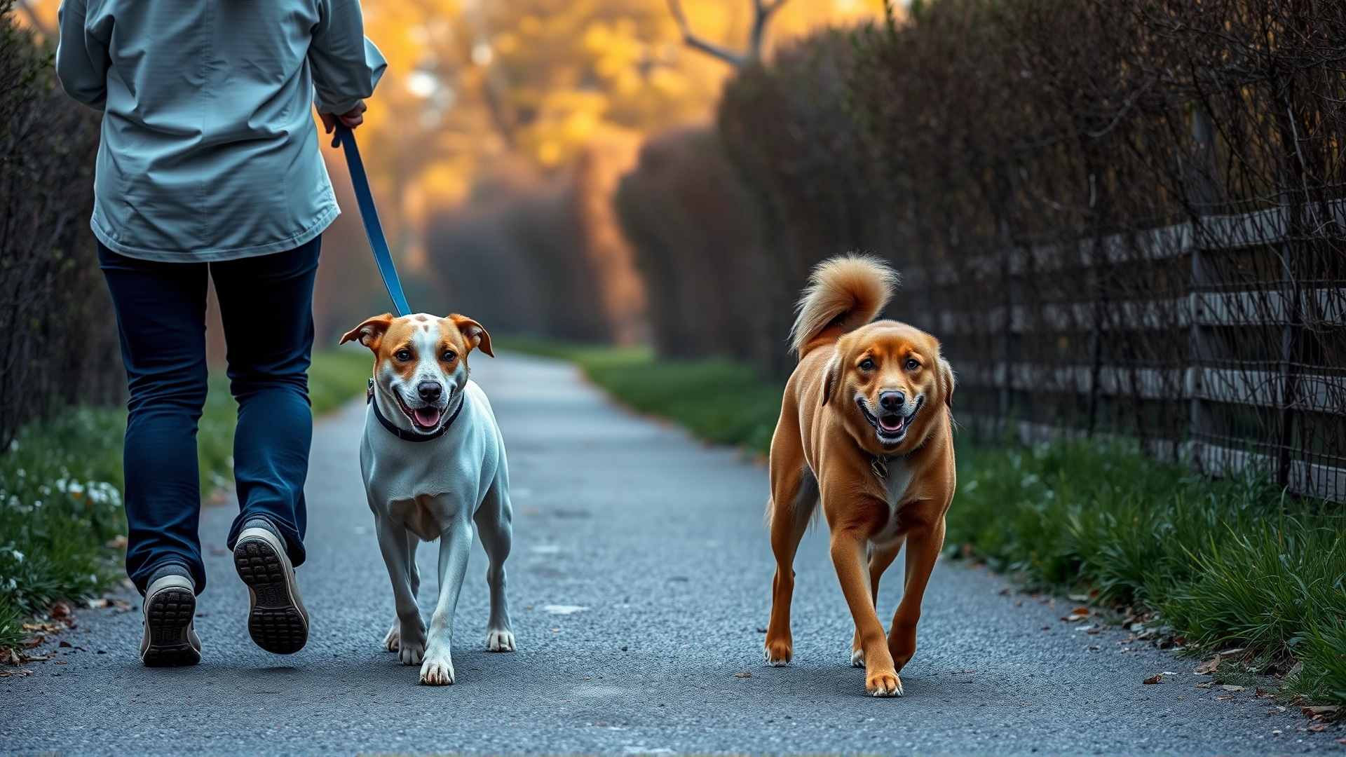 Person walking two dogs side by side on loose leashes along a quiet path, illustrating the parallel walk method.