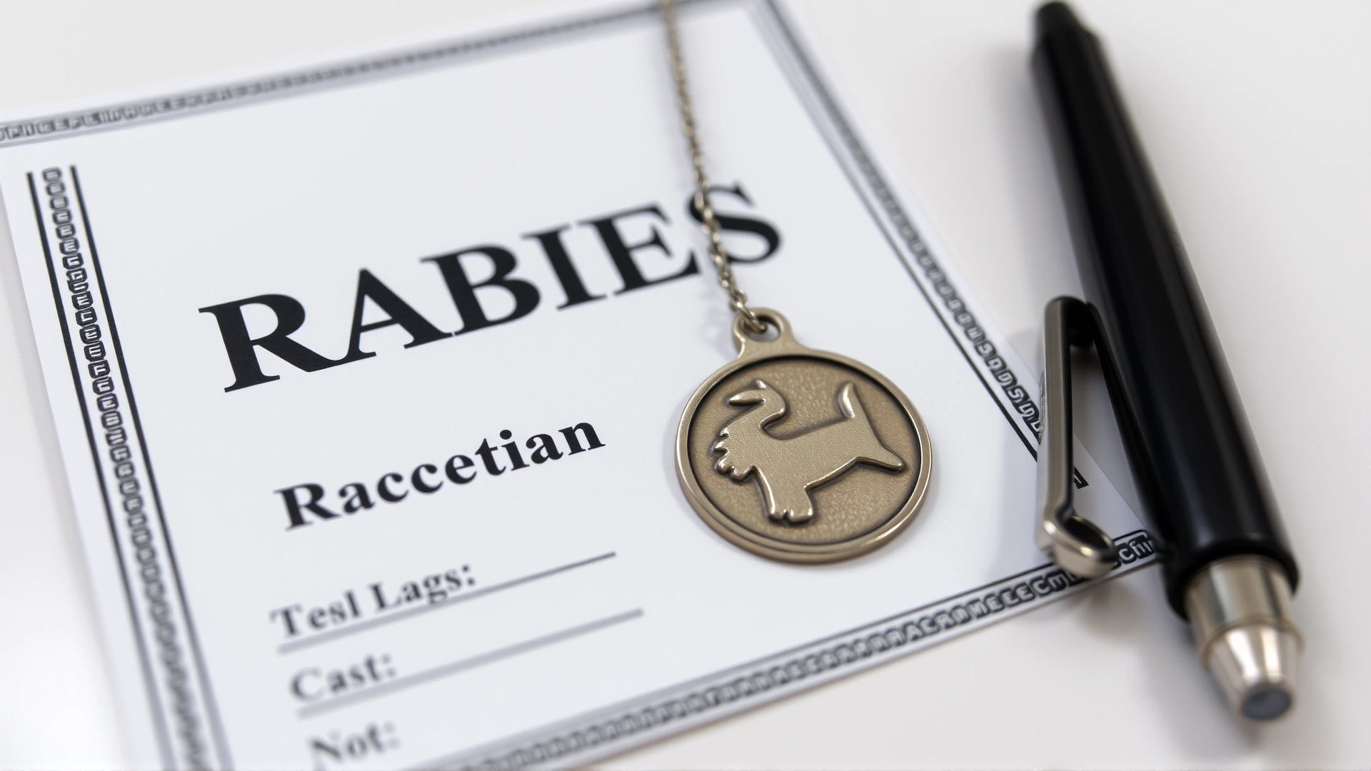 Rabies vaccination certificate and metal rabies tag placed on a veterinary clinic desk beside a pen