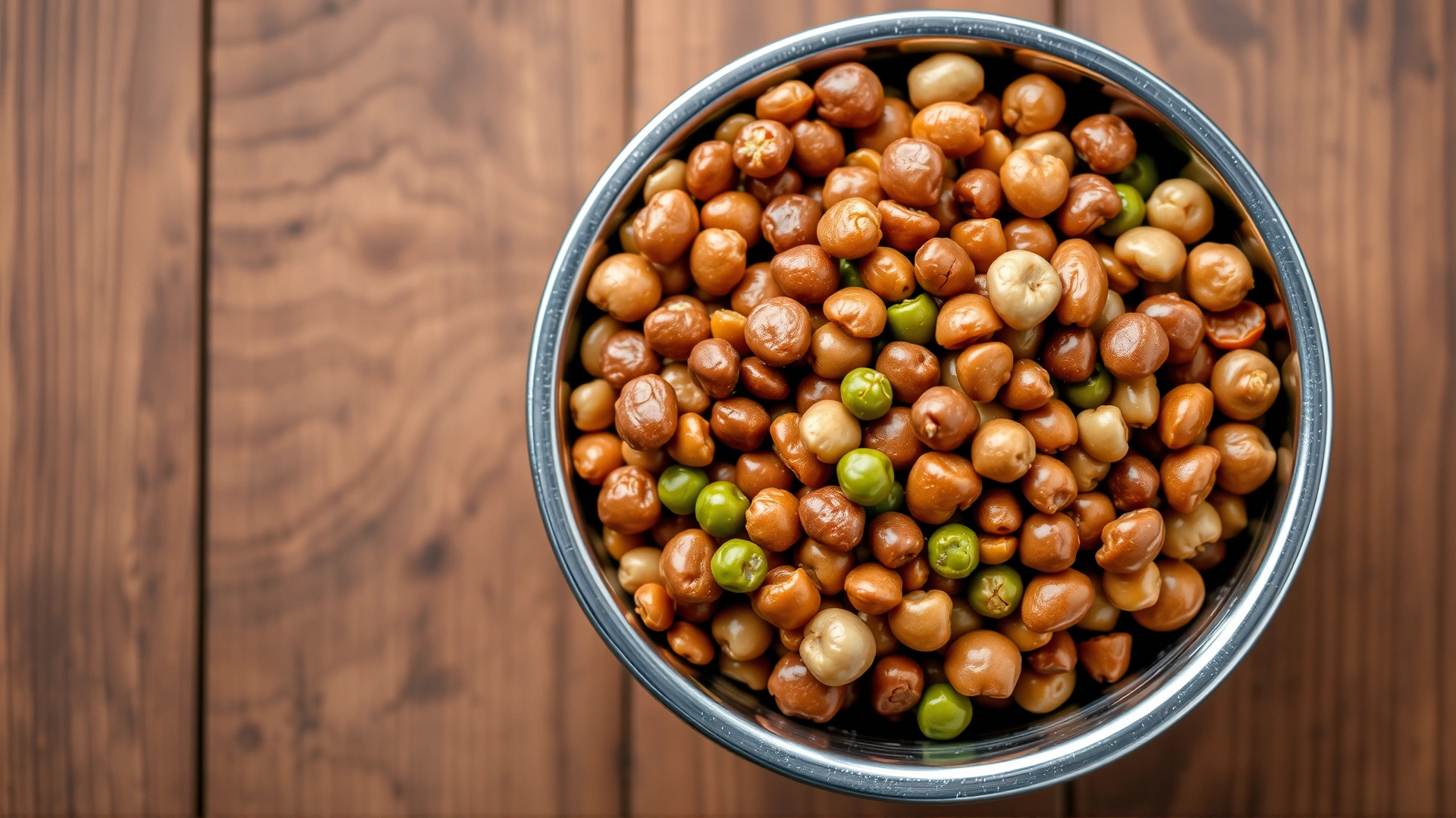 Top view of dog food mixed with beans, peas, and lentils in a stainless steel bowl on a wooden surface