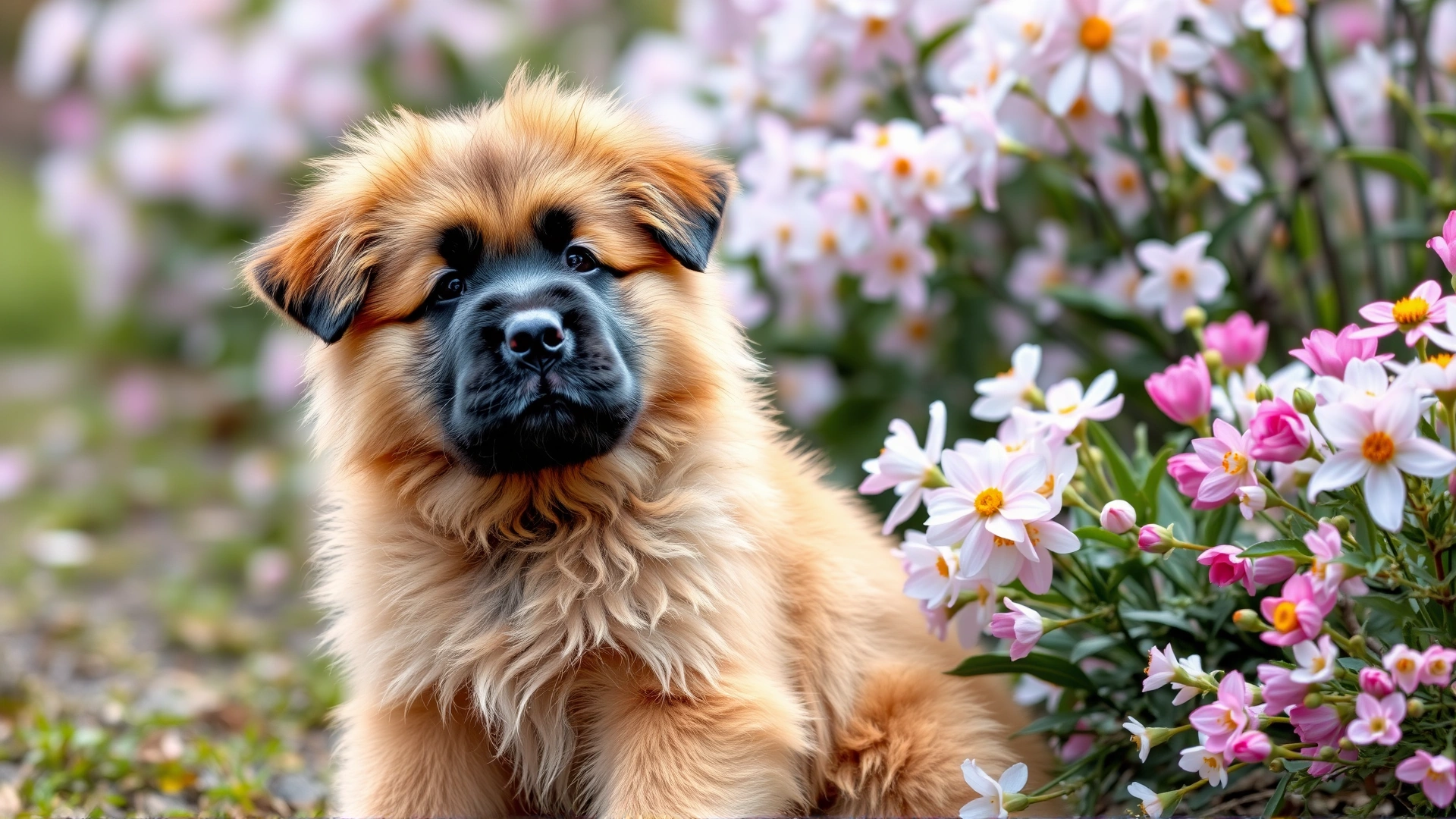 A Leonberger puppy sitting beside blooming spring flowers, showing its thick golden coat.