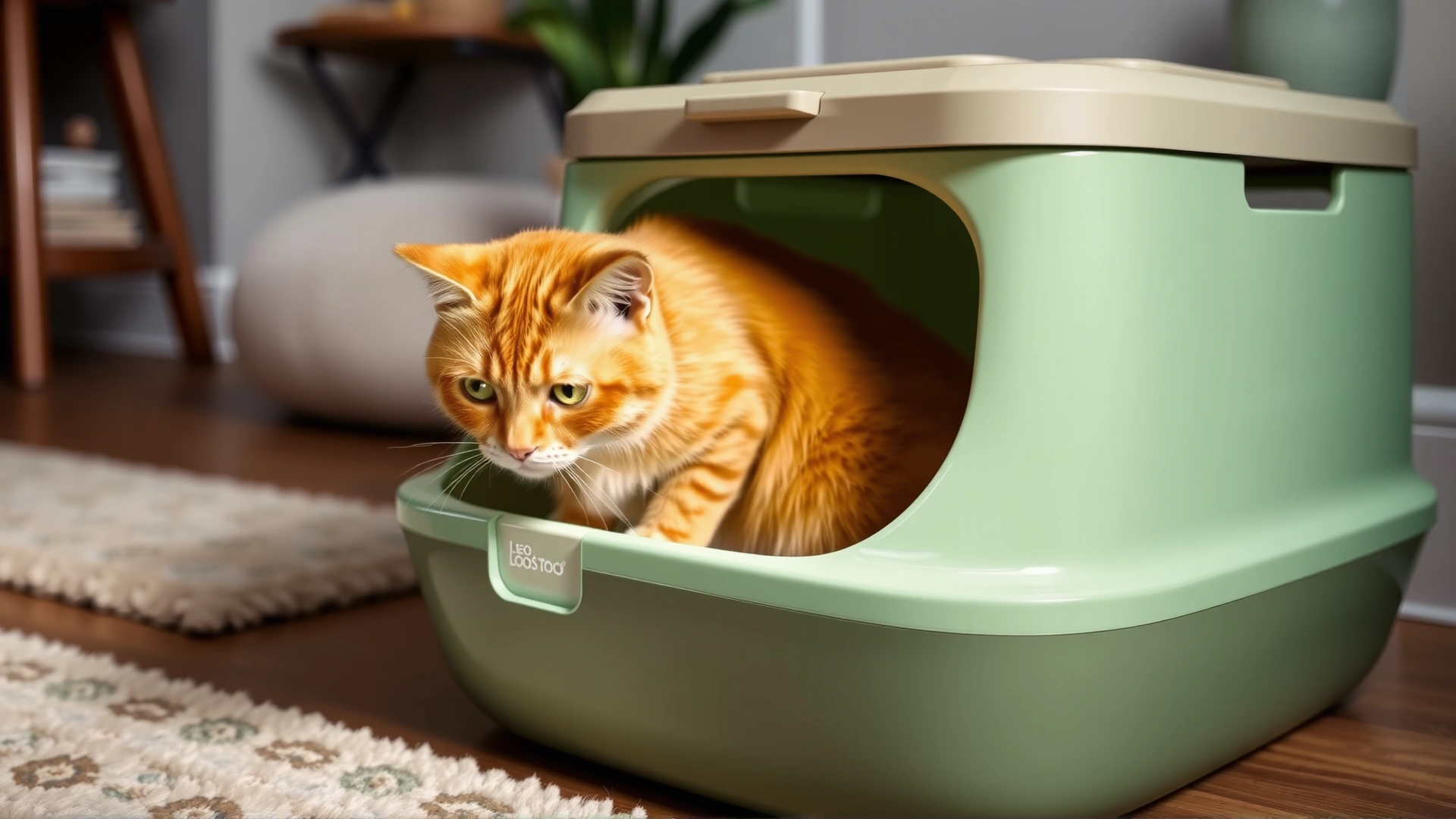 Leo’s Loo Too automatic litter box in pastel green color with a ginger cat entering, cozy home environment.