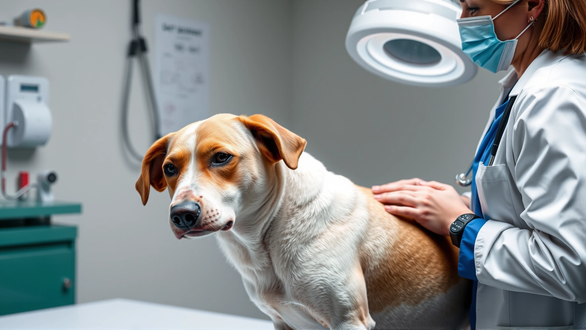 Veterinarian examining a dog suspected of leptospirosis in a clinical setting