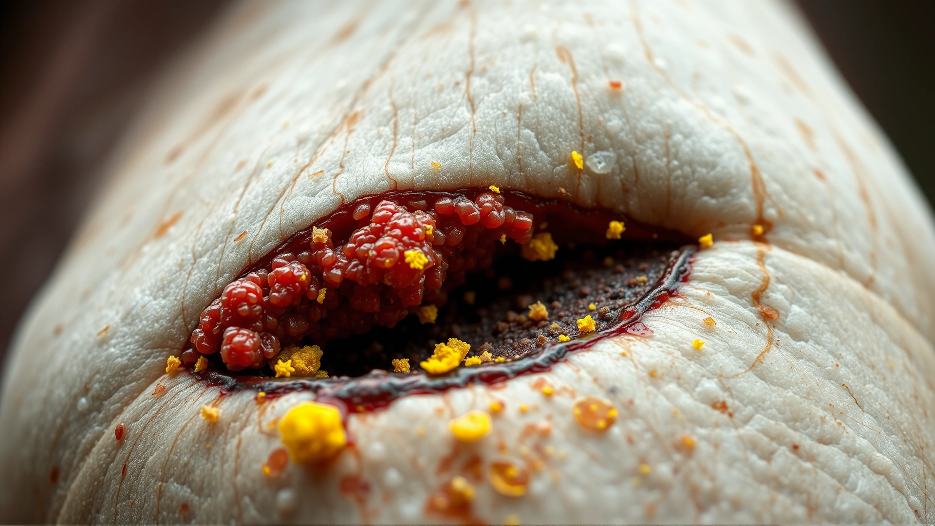 High-resolution close-up of a summer sore on a horse’s cannon bone showing reddish granular tissue and yellow sulfur granules.