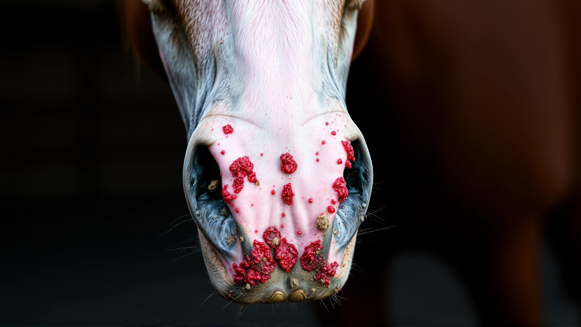 Close-up macro photo of a horse's pink muzzle with inflamed, crusty skin lesions caused by photosensitization