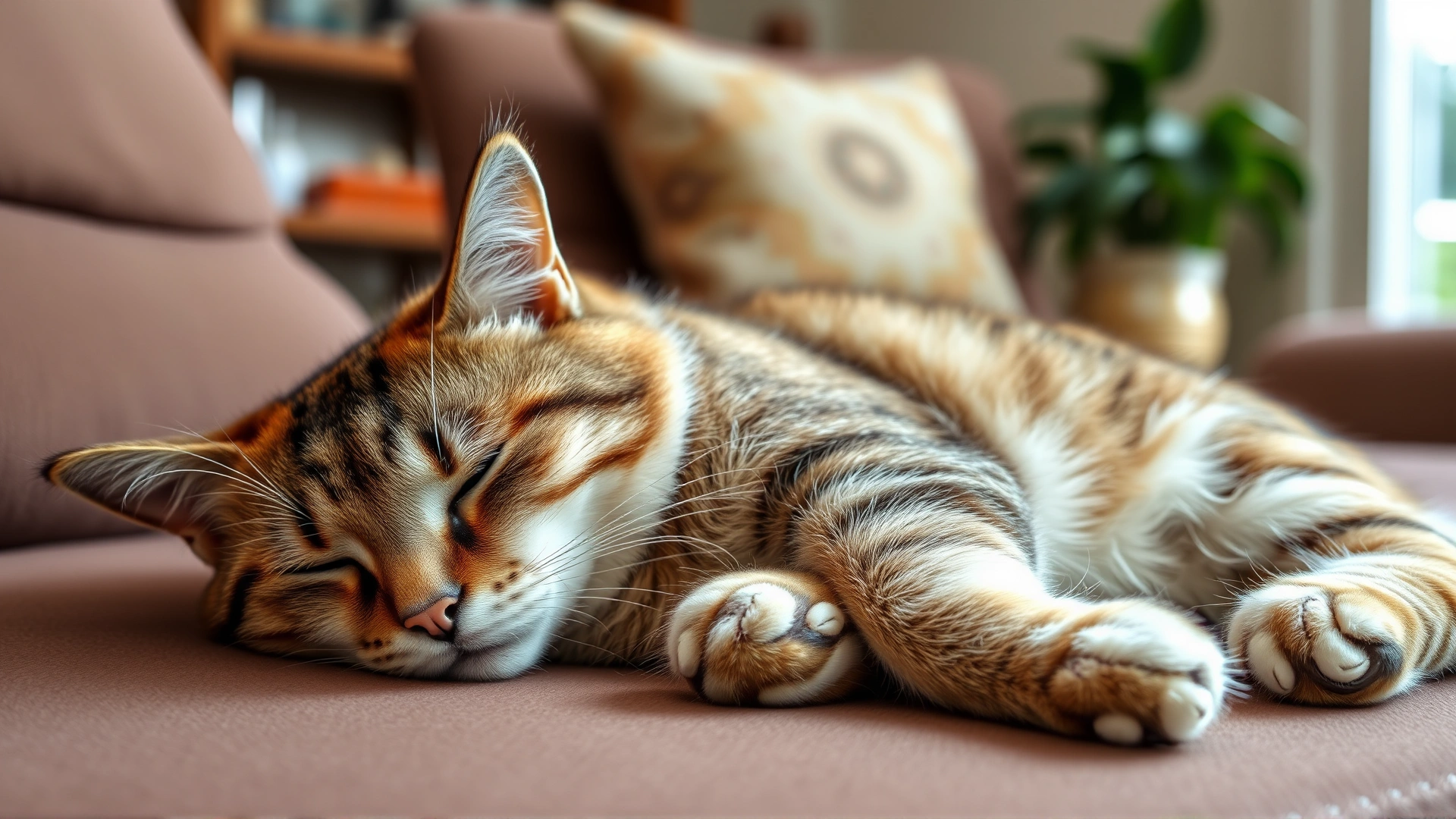 Domestic cat lying sluggishly on a couch, looking tired, natural home setting, soft light